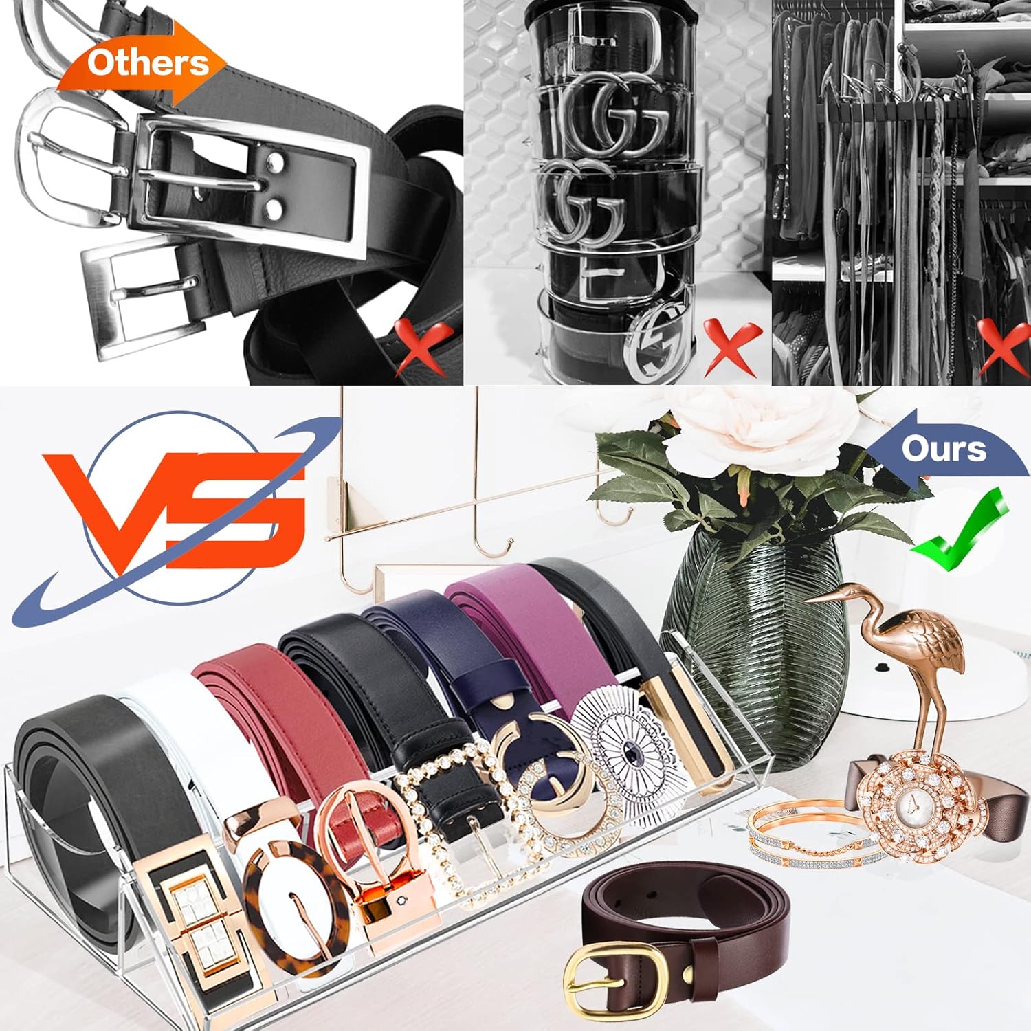 Acrylic Belt Organizer, FODIENS 7 Compartments Belt Storage Holder for Closet Drawer, Clear Belt Box Container Display Case with Display Stand for