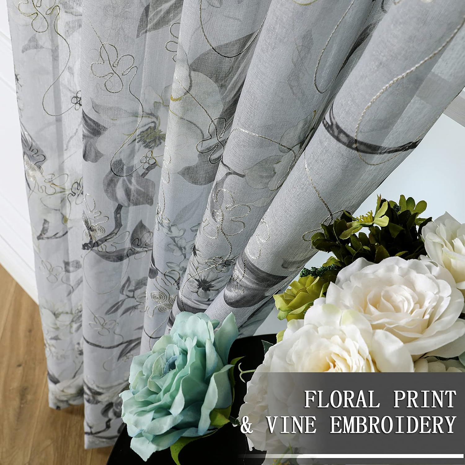 Tollpiz – Cortinas de gasa transparentes, hechas de lino sintético, bordadas, con diseño de hojas y flores, para dormitorio o sala de estar, juego