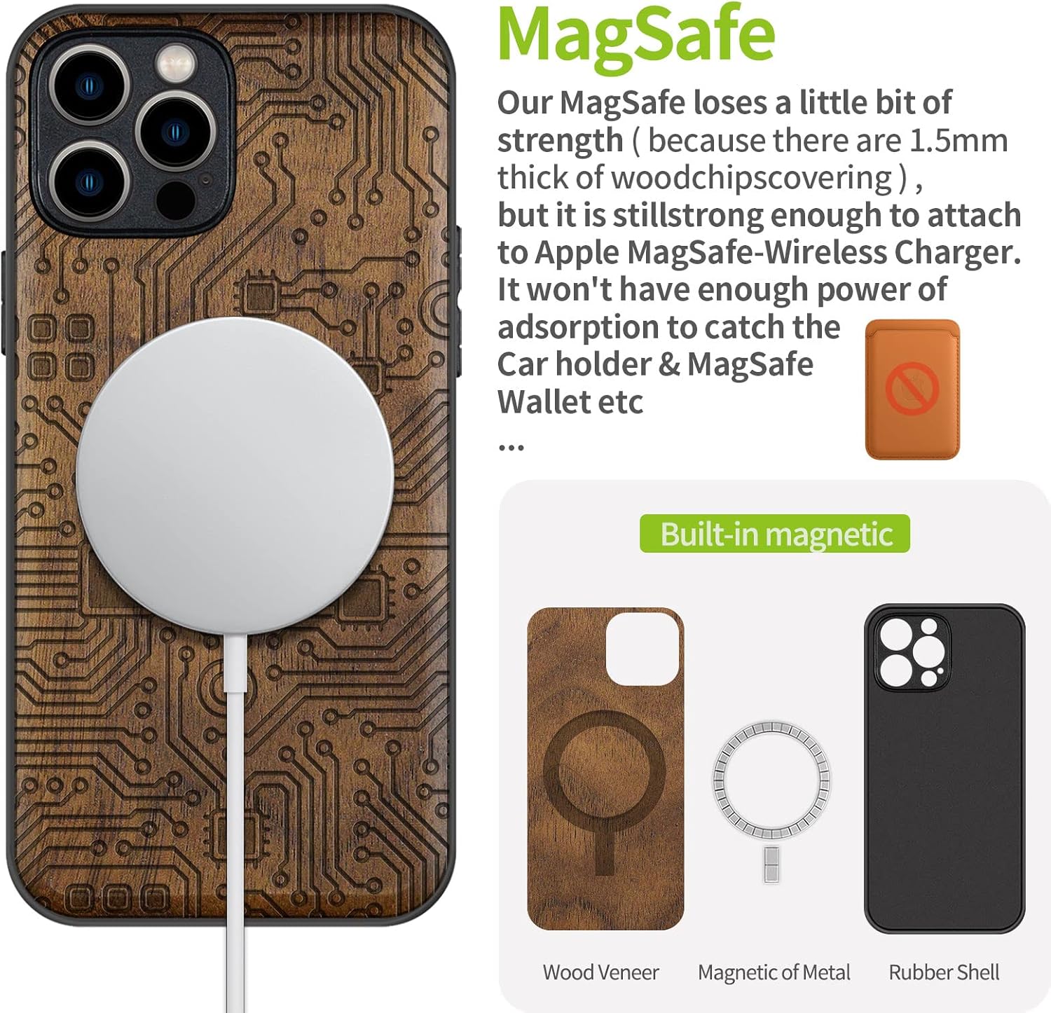 Carveit Funda magnética de madera para iPhone 12 Pro madera natural y TPU suave negro a prueba de golpes, funda protectora única y elegante de
