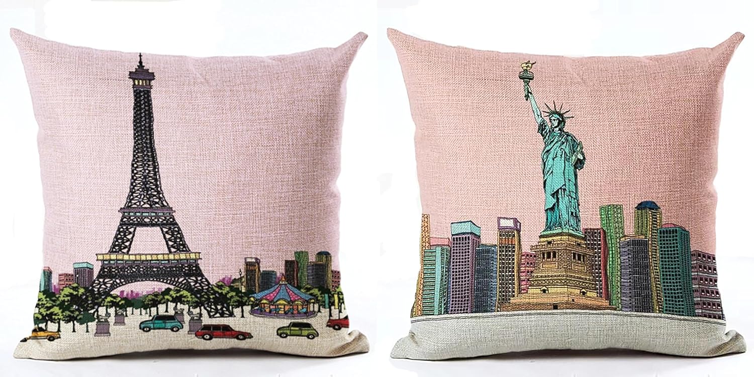 NAVISSORY Funda de almohada de 2 piezas, diseño de edificios de fama mundial, Torre Eiffel de París, Estatua de la Libertad, funda de almohada de 18
