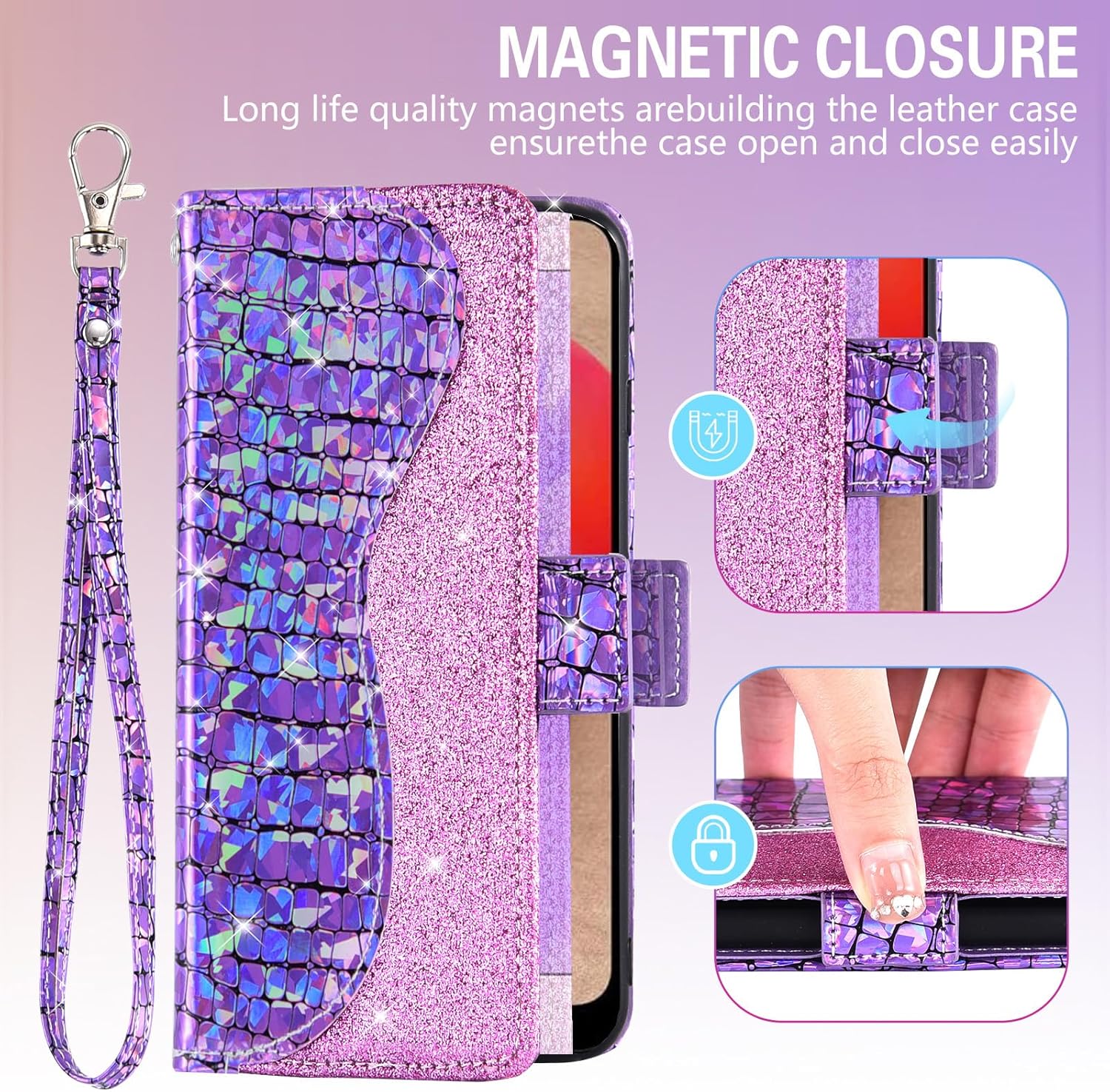 Asuwish Funda de teléfono para Samsung Galaxy A02s con protector de pantalla y correa para la muñeca, soporte para tarjetas con purpurina brillante,