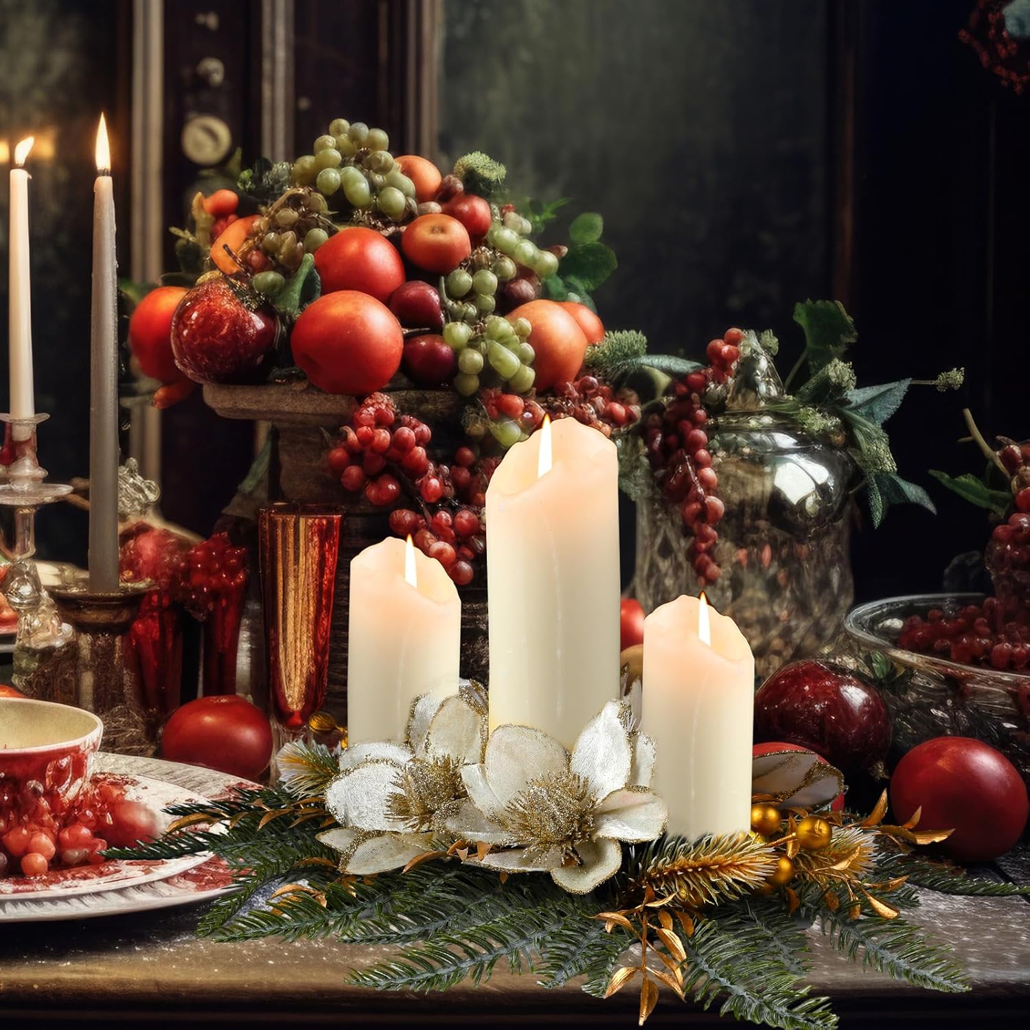Cindeer Centro de mesa de Navidad con mantel de Pascua artificial, candelabros románticos para fiesta, chimenea, vacaciones, Acción de Gracias,