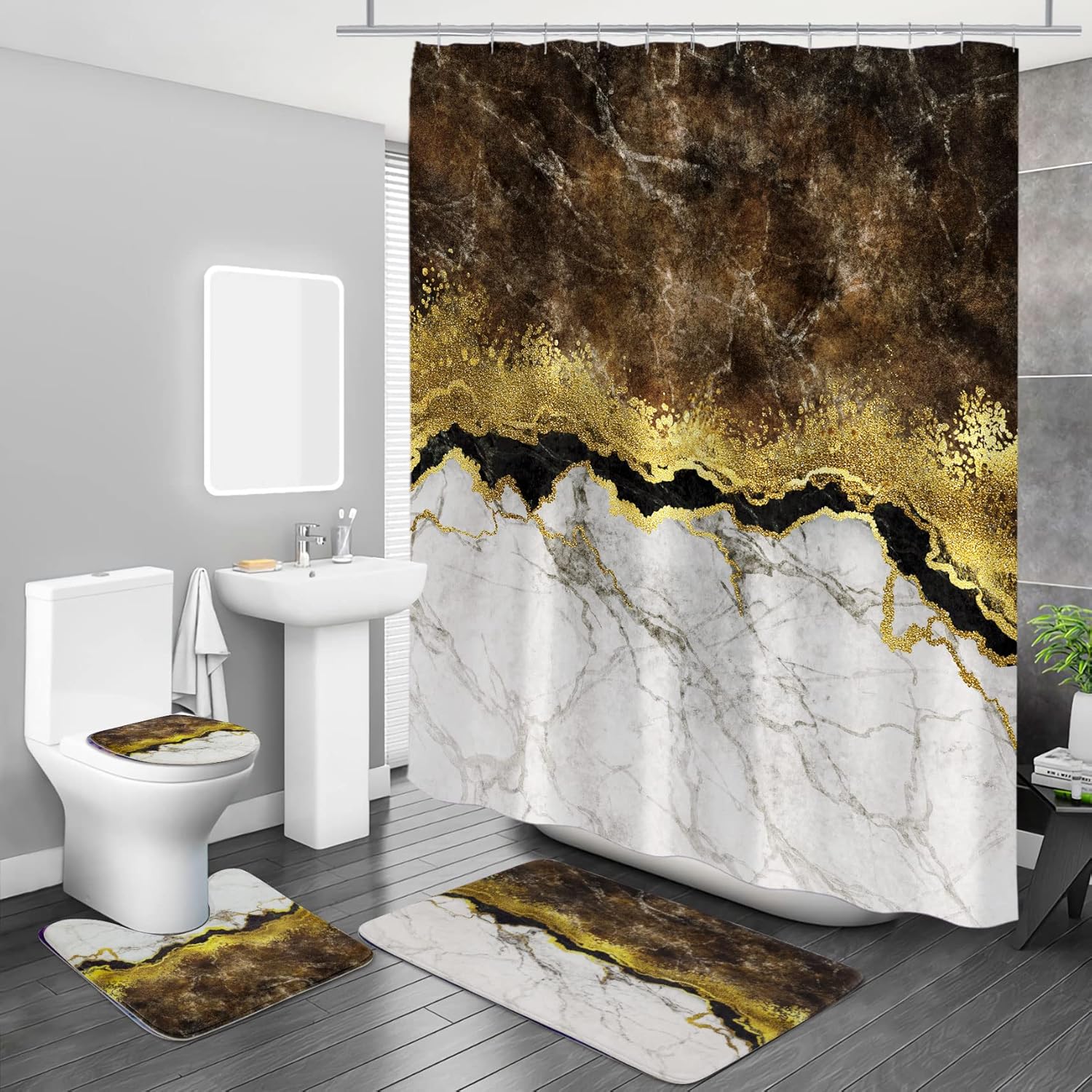 MitoVilla Juego de 4 cortinas de ducha de mármol marrón con alfombras, juegos de baño marrón dorado con cortina de ducha y alfombras y accesorios,