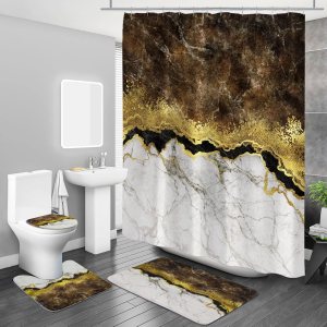 MitoVilla Juego de 4 cortinas de ducha de mármol marrón con alfombras, juegos de baño marrón dorado con cortina de ducha y alfombras y accesorios, MitoVilla Juego de 4 cortinas de ducha de mármol marrón con alfombras, juegos de baño marrón dorado con cortina de ducha y alfombras y accesorios,