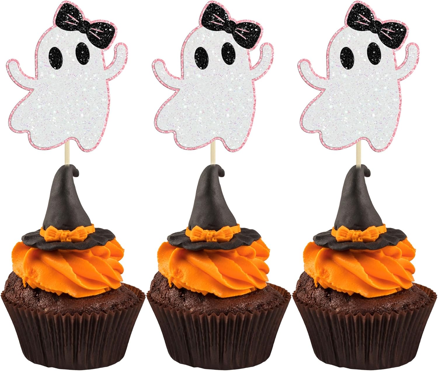 Gyufise 24 adornos de fantasmas para cupcakes con purpurina rosa para Halloween, fantasma, baby shower, decoración de cupcakes, comida fantasma,