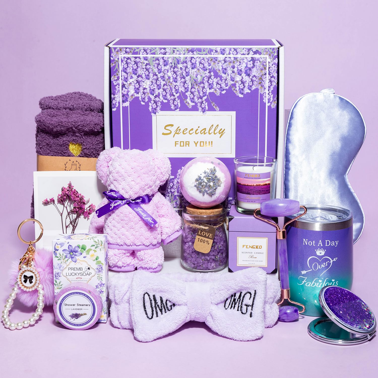 Regalos de cumpleaños para mujeres, regalos para ella, cesta de regalo morada para mujeres, feliz cumpleaños, lavanda, juego de regalo relajante,