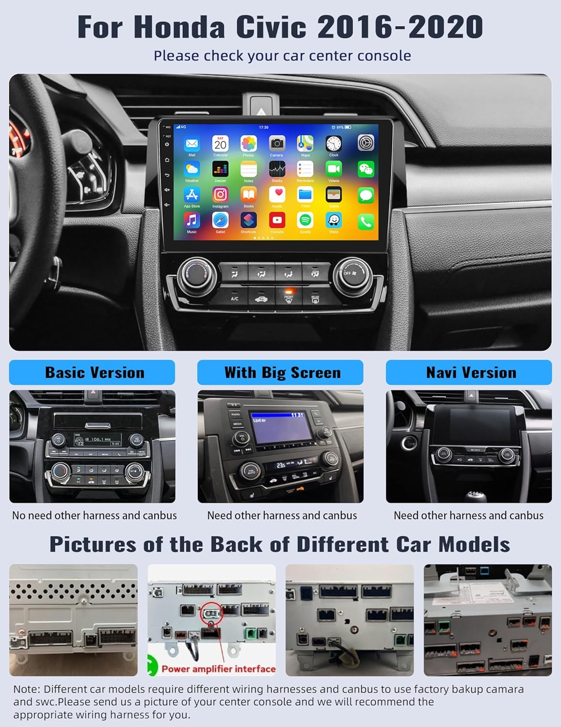 SIXWIN Radio estéreo de coche Android para Honda Civic 2016-2020 con pantalla táctil de 9 pulgadas, radio de coche con navegación GPS Bluetooth, 24