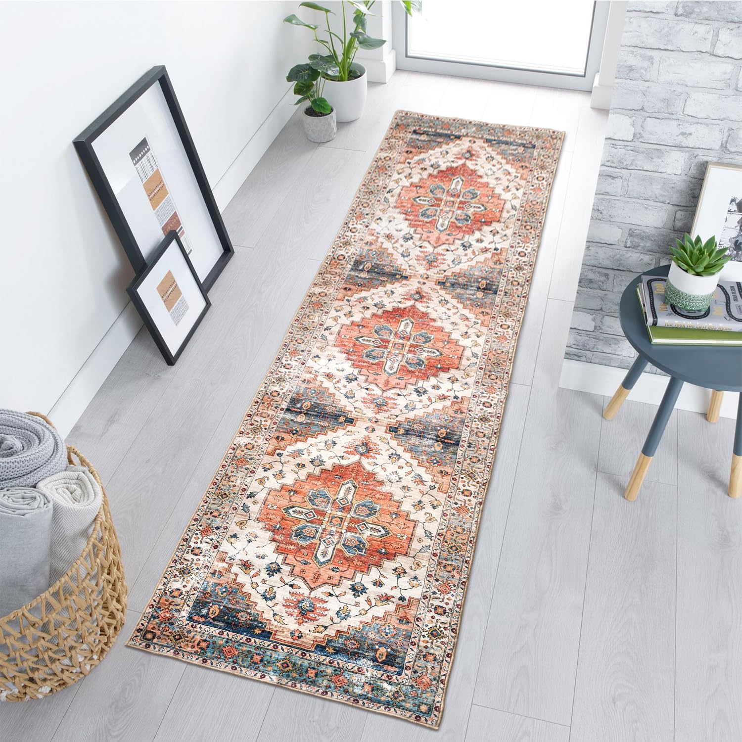 Aopota Hallway Runner Rug with Rubber Backing Low Pile Large Rug Runner Vintage Rug Retro Distressed Carpet Thin Foldable Non Slip Bathroom Kitchen