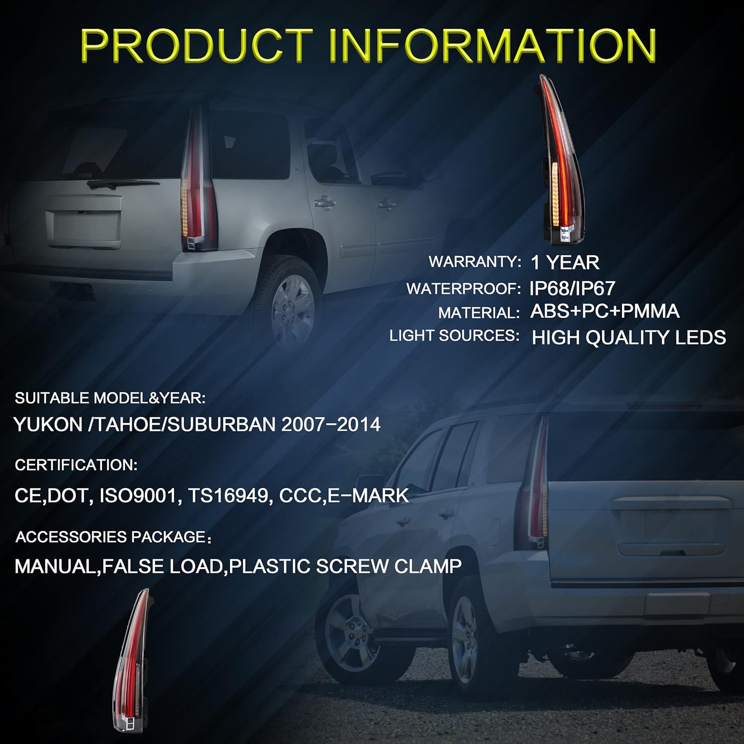 VLAND Luces traseras LED compatibles con Chevy Tahoe SuburbanGMC Yukon 2007-2014, conjunto de lámparas traseras LED completas con señal de giro, 5