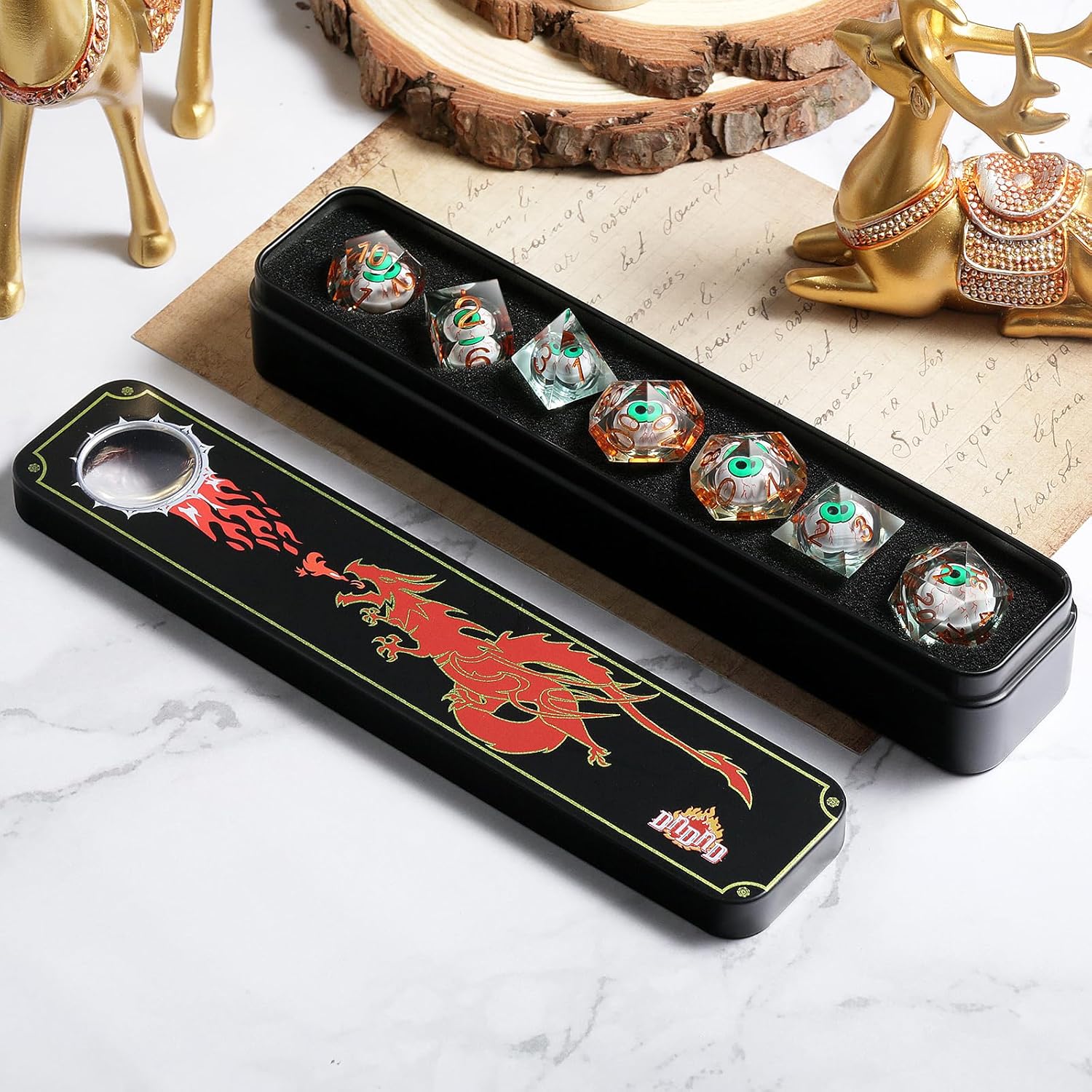 DNDND Dados DND de resina líquida con borde afilado y estuche de regalo para juego Dungeons and Dragon D&D (verde con globo ocular)