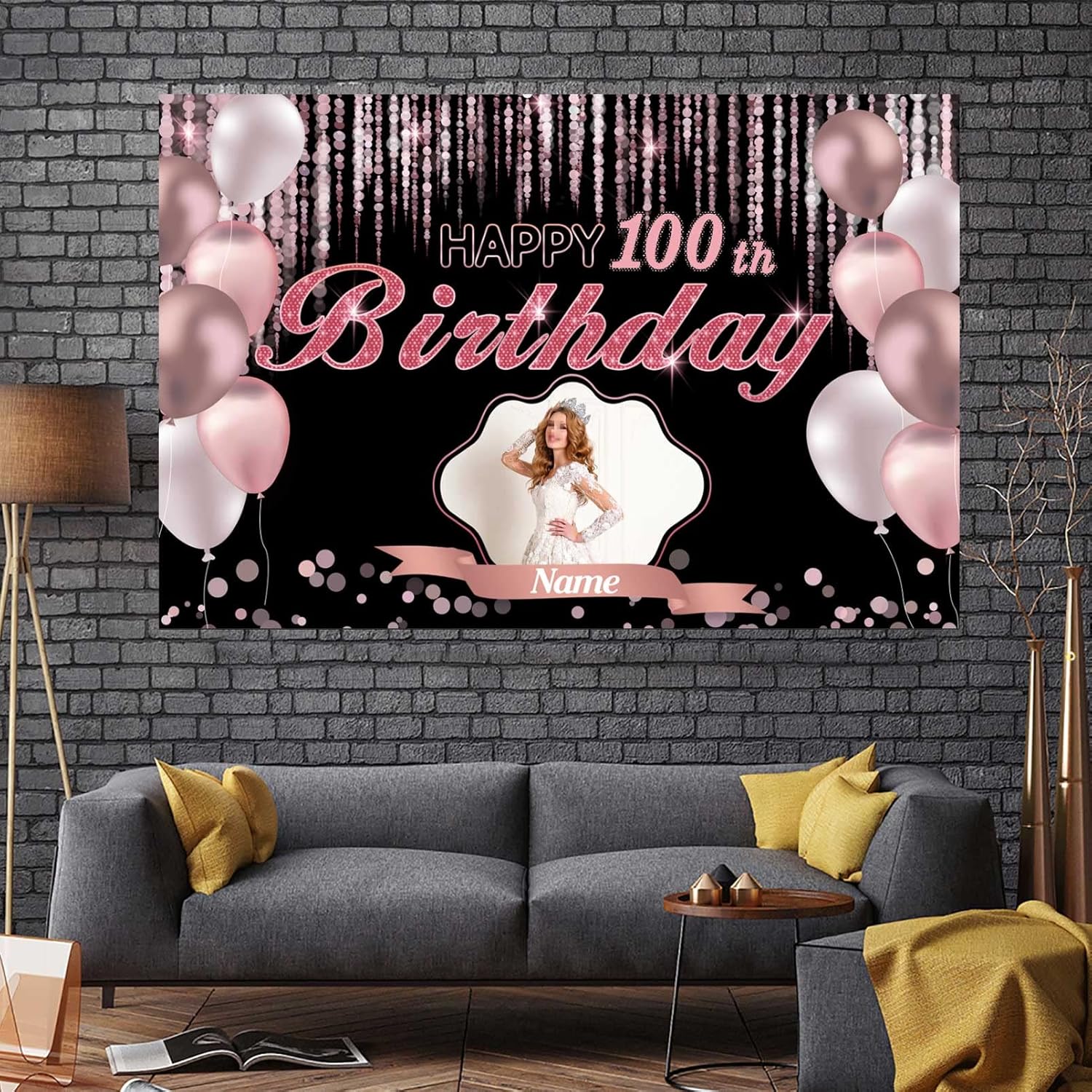 Cartel de decoración de feliz cumpleaños número 100 de oro rosa, tamaño grande, personalización con nombre y foto compatible