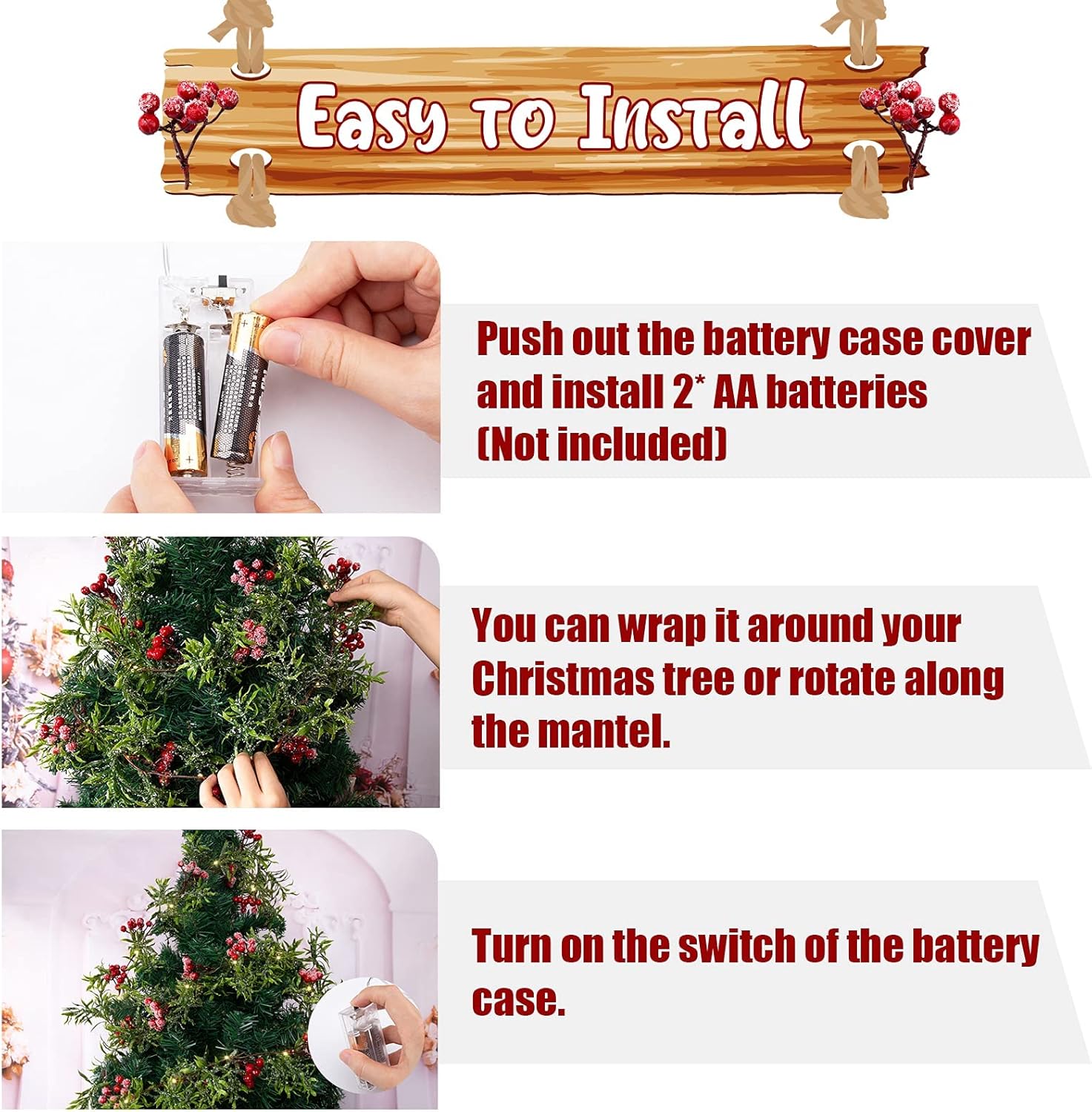 Guirnalda de luces artificiales de Navidad de 5.9 pies con 162 bayas rojas nevadas, 55 hojas verdes, 20 luces LED, funciona con pilas para