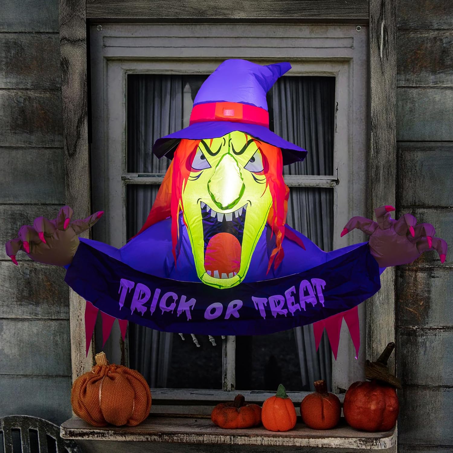 Dazzle Bright Bruja inflable de Halloween de 3.5 pies, decoración de ventana de Halloween con LED integrado para fiestas, interiores y exteriores,
