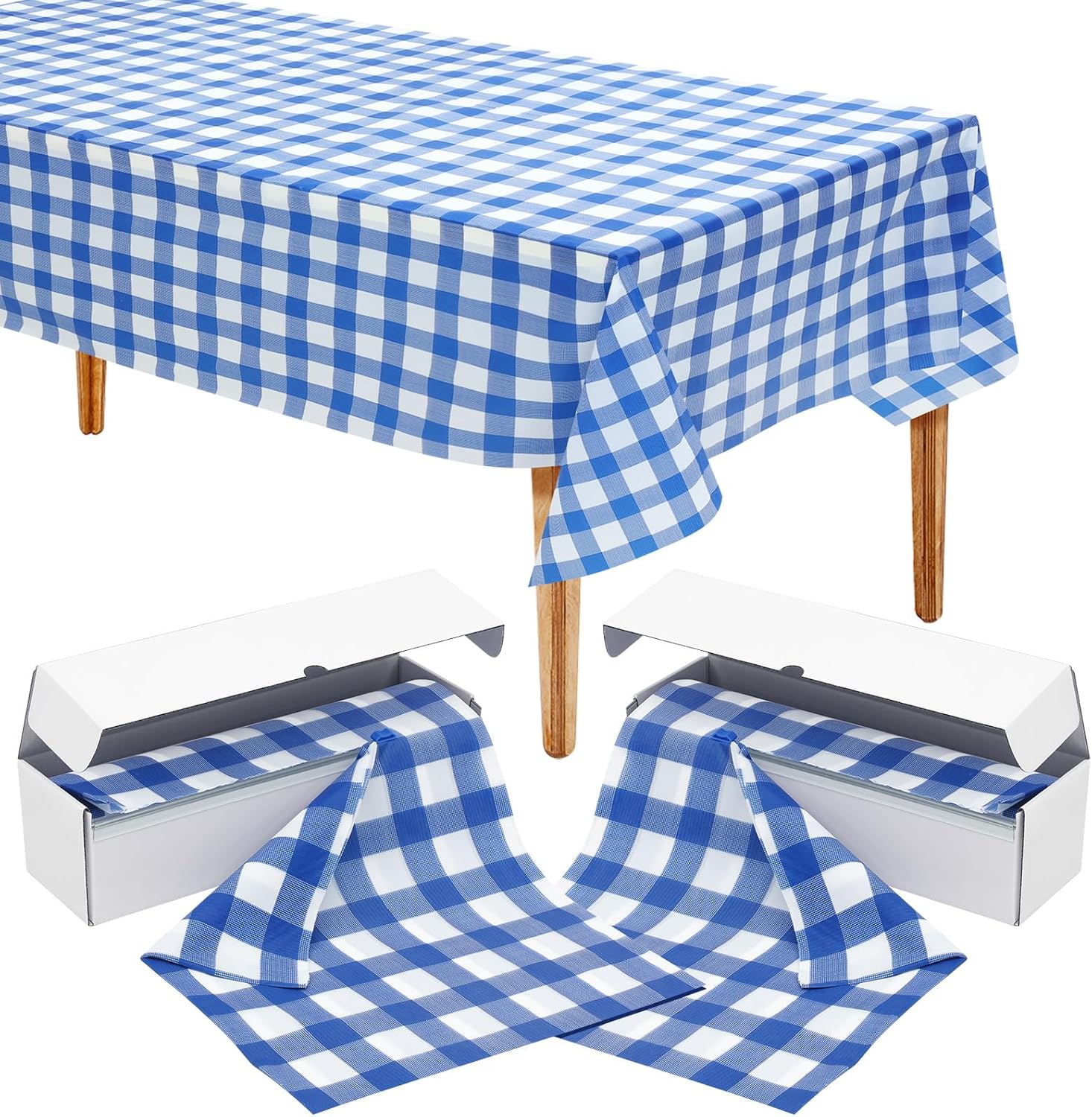 2 manteles de plástico a cuadros azules y blancos de 54 x 100 pies, mantel desechable en rollo con caja autocortadora para interiores y exteriores