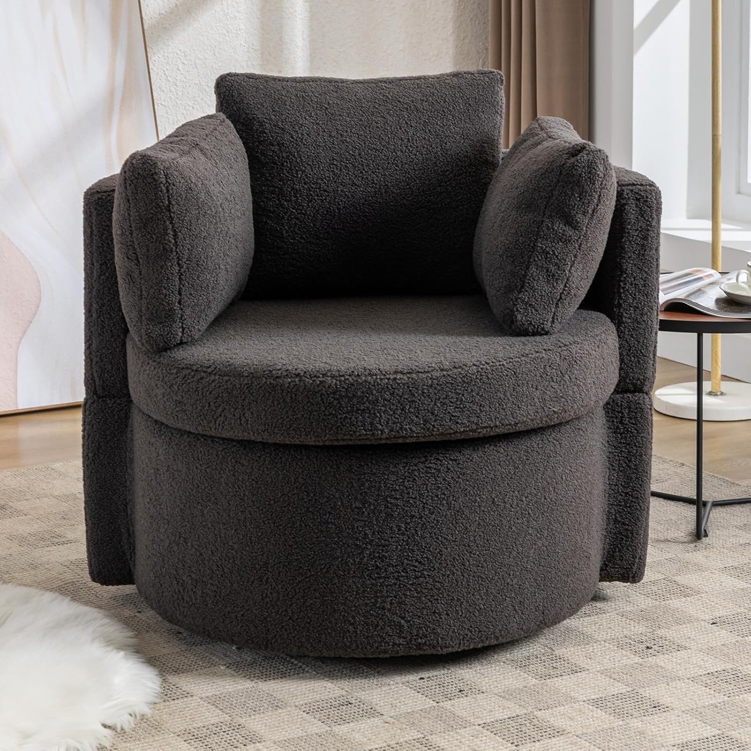 Silla giratoria con diseño de barril de acento moderno, tapizado, de gran tamaño, para sala de estar, club, ocio, silla redonda con 3 almohadas para