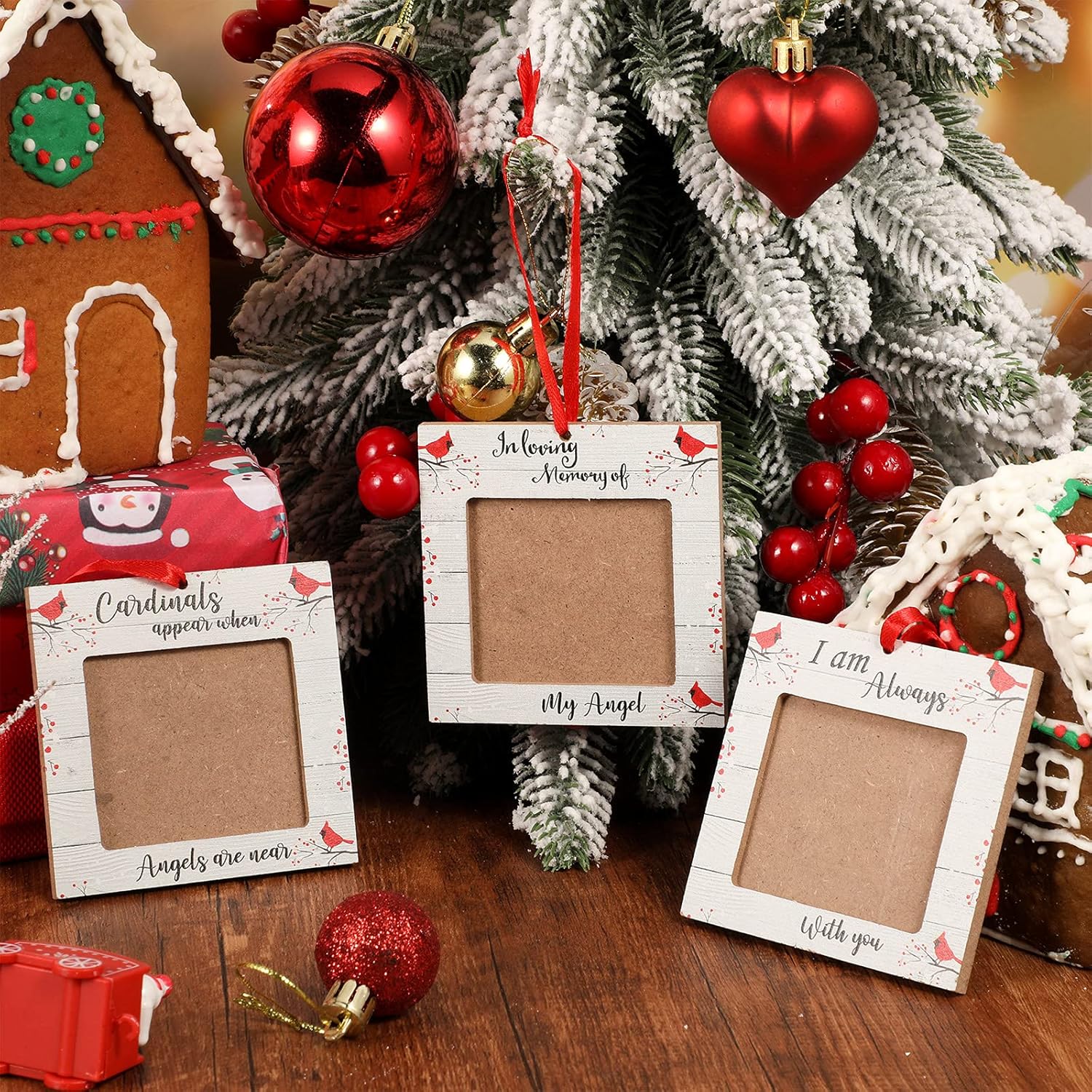 Adornos de Navidad de cardenal rojo, marco de fotos de madera, adornos conmemorativos para árbol de Navidad, adornos para árbol de Navidad cuando el