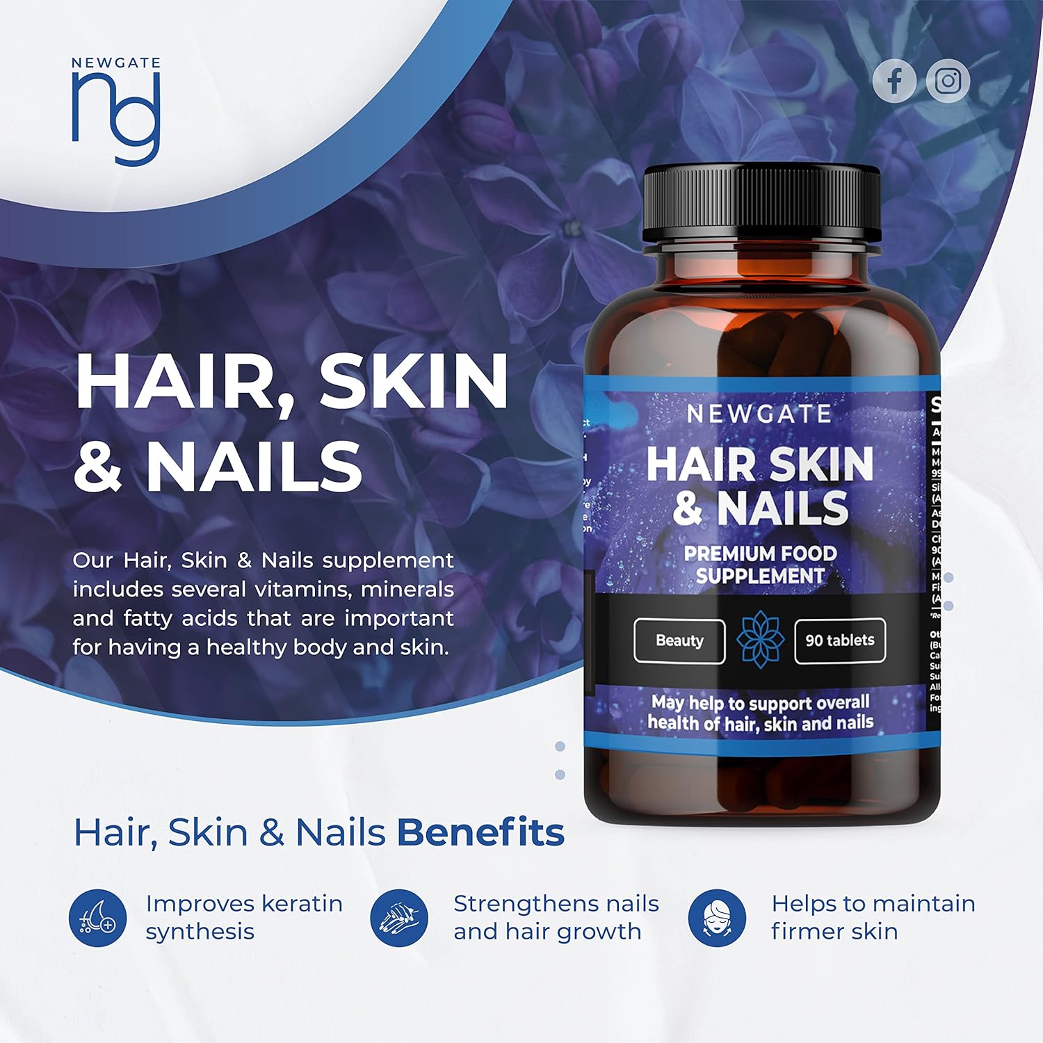 Newgate Labs 90 tabletas de alta resistencia para el crecimiento del cabello, la piel y las uñas, suplemento premium para hombres y mujeres, con