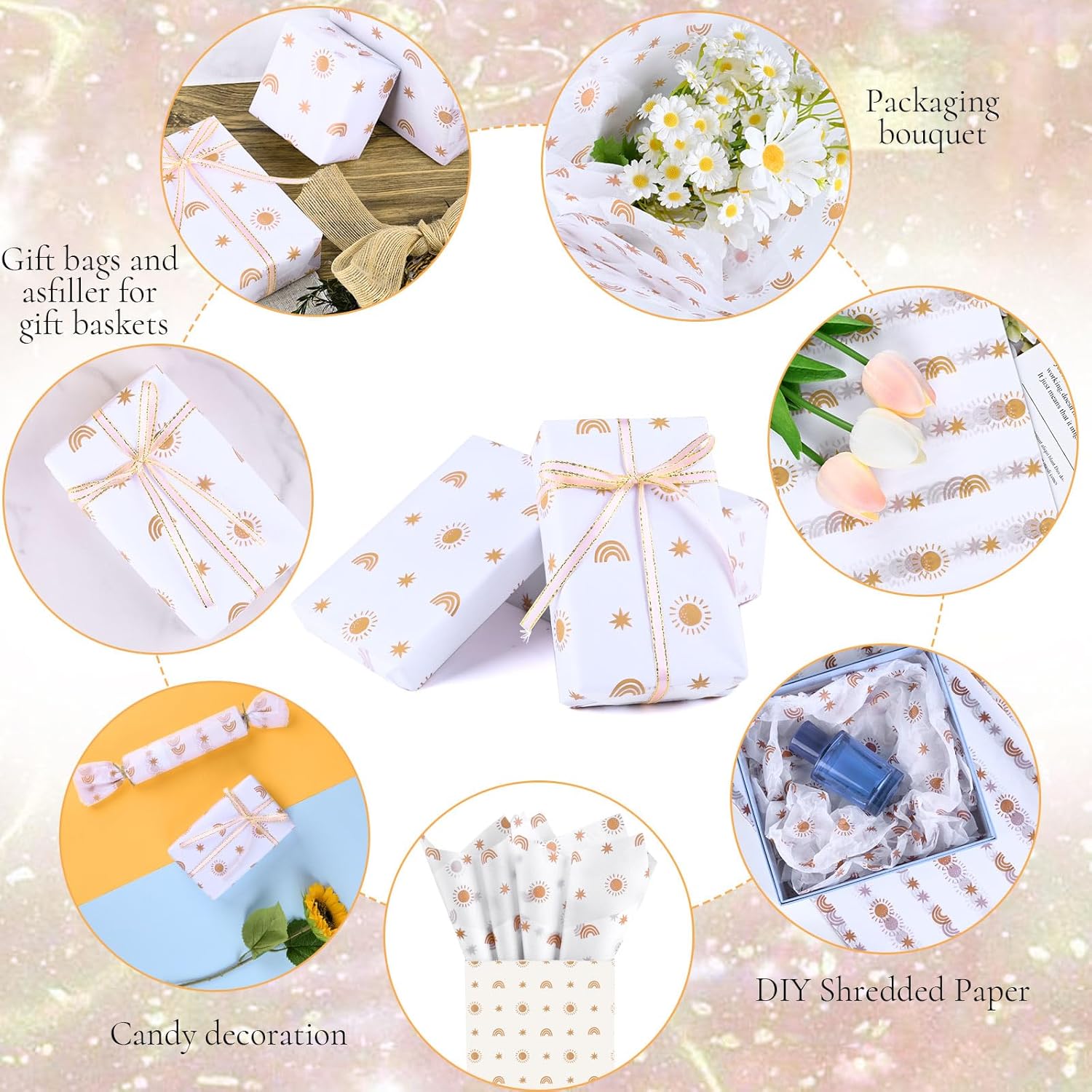 100 hojas de 20 x 14 pulgadas Sunshine Boho Rainbow papel de seda para envolver regalos, papel de regalo bohemio, papel de seda pastel impreso a