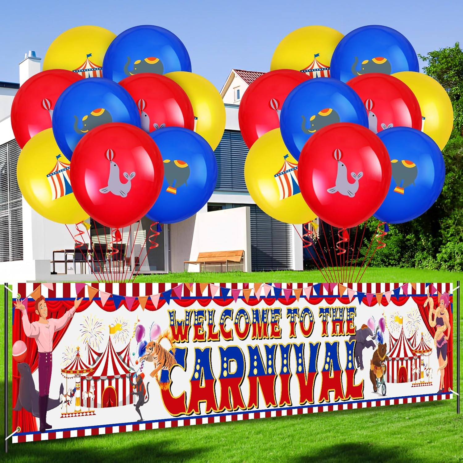 Decoraciones de fiesta temática de circo de carnaval, pancarta de bienvenida al carnaval, 18 globos temáticos de carnaval, globos de decoración de