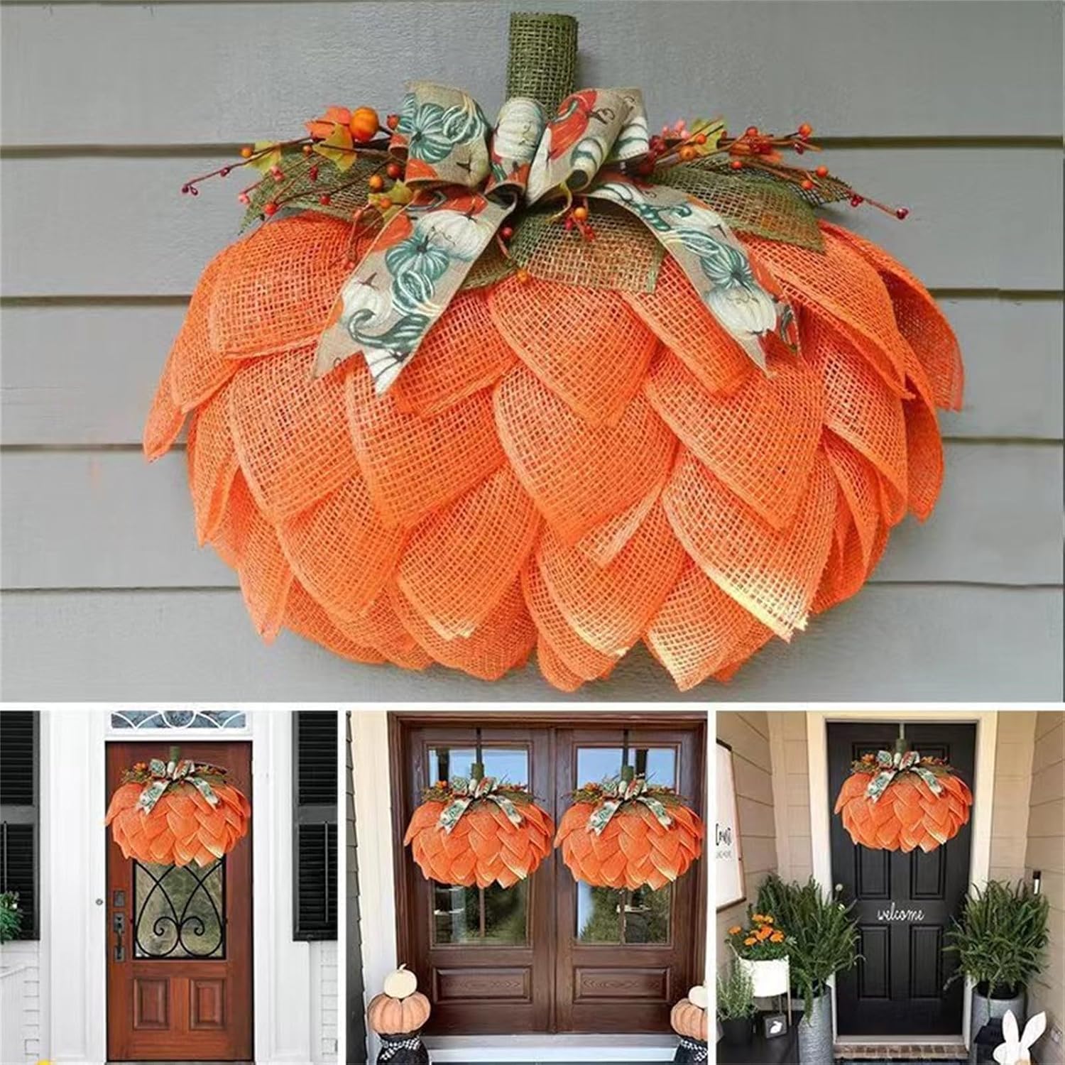 Corona de calabaza naranja de Halloween para puerta delantera, tela de Acción de Gracias, guirnalda de calabaza 2023, decoración de otoño de