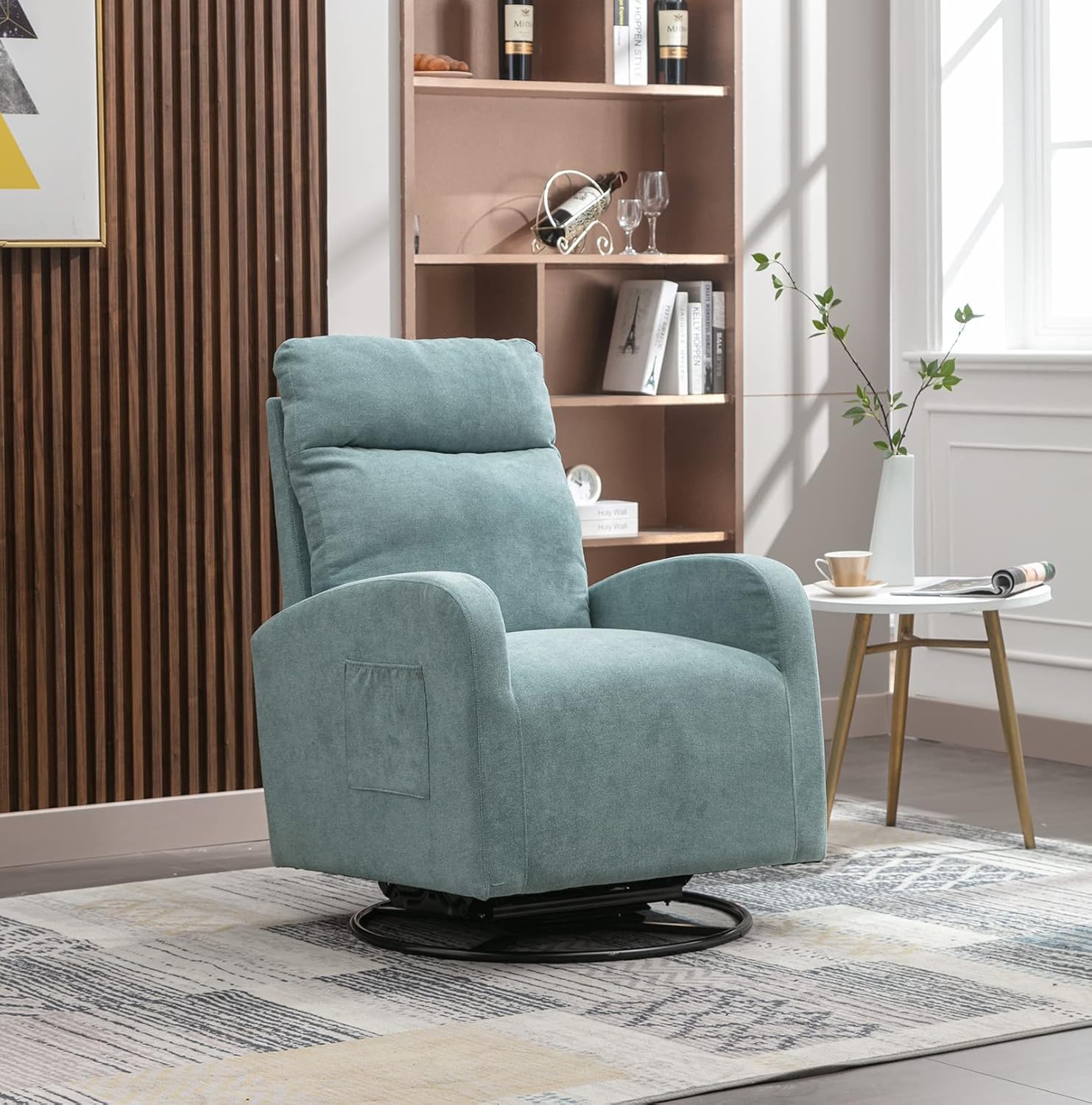 Kurhwyss Silla giratoria para guardería, moderna silla mecedora con respaldo alto y bolsillo de almacenamiento, mecedora tapizada con base de metal