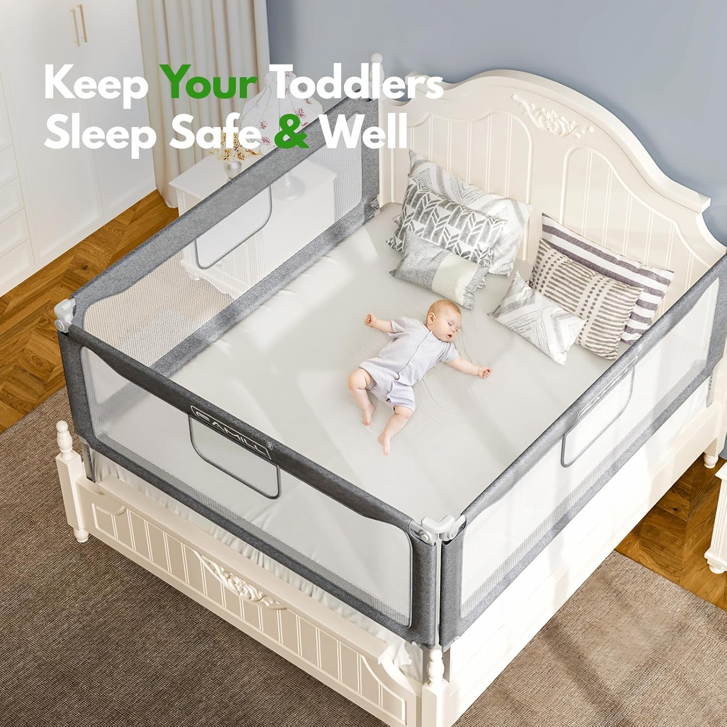 Riel de cama para niños pequeños, riel plegable de montaje rápido en 2 minutos para Queen, tamaño matrimonial, tamaño individual, riel de cama con