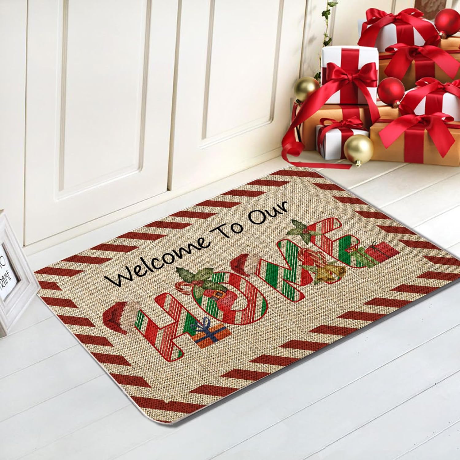 GAGEC Tapete de Navidad para puerta de exterior, tapete de bastón de caramelo, alfombra de entrada roja y blanca, tapete de puerta de menta para