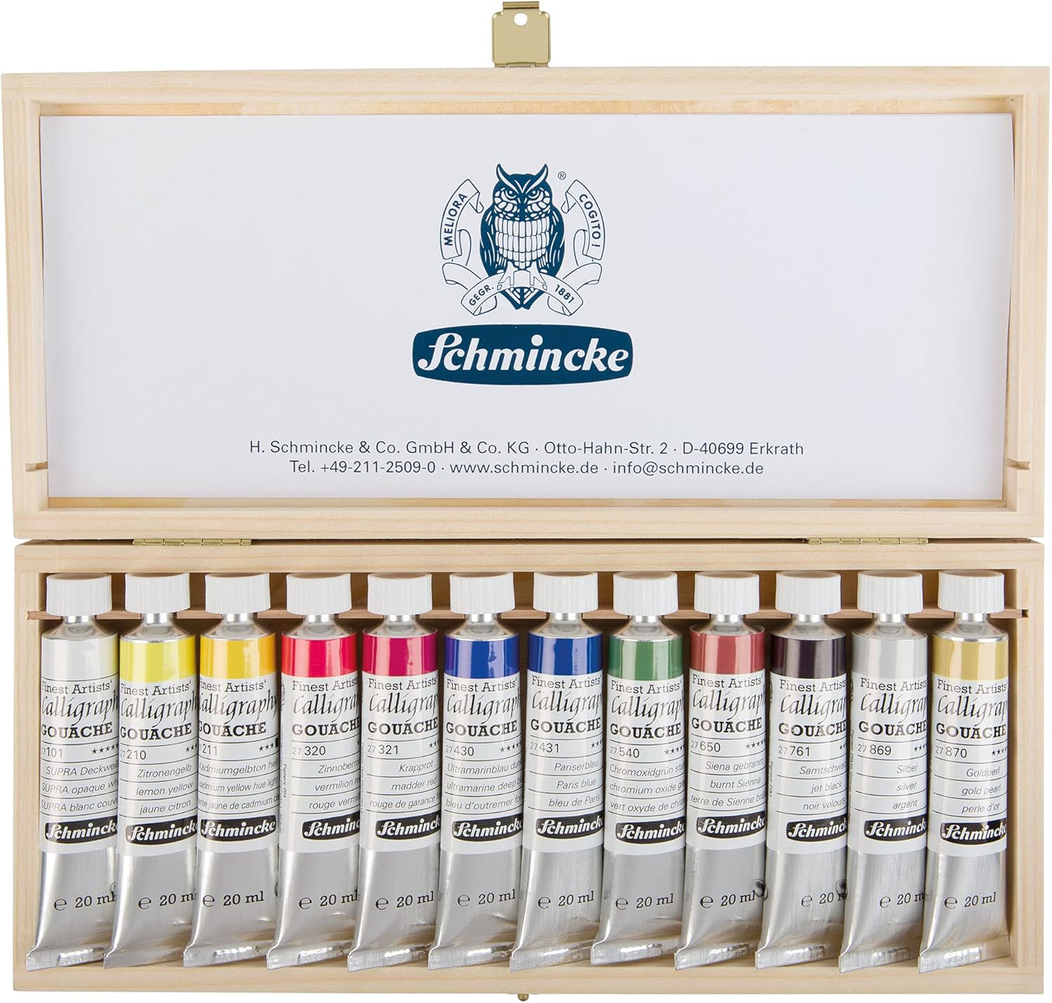 Schmincke – Caligrafía Gouache, tubos de 12 x 0,68 fl oz  0.7 fl oz, 72 028 097, 12 mejores colores de caligrafía en caja de madera, brillante,