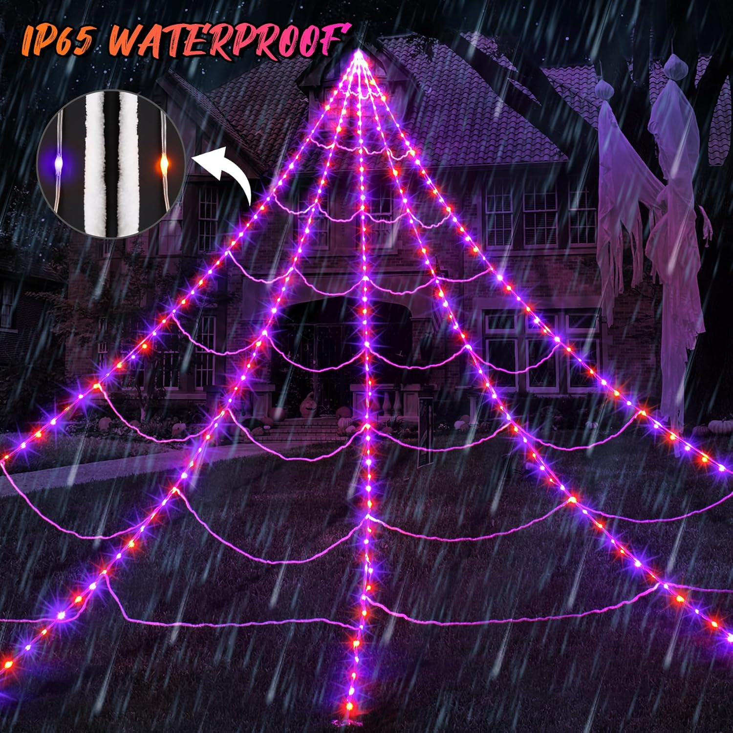 Telarañas para decoración de Halloween al aire libre, 290 luces LED de telaraña, decoración con araña grande de 78.7 pulgadas y telaraña elástica de
