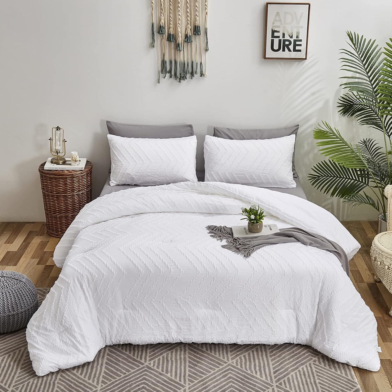 Edredón jacquard blanco tamaño Queen para mujeres y hombres, edredón bohemio de algodón para adultos y adolescentes con bordado blanco desgastado