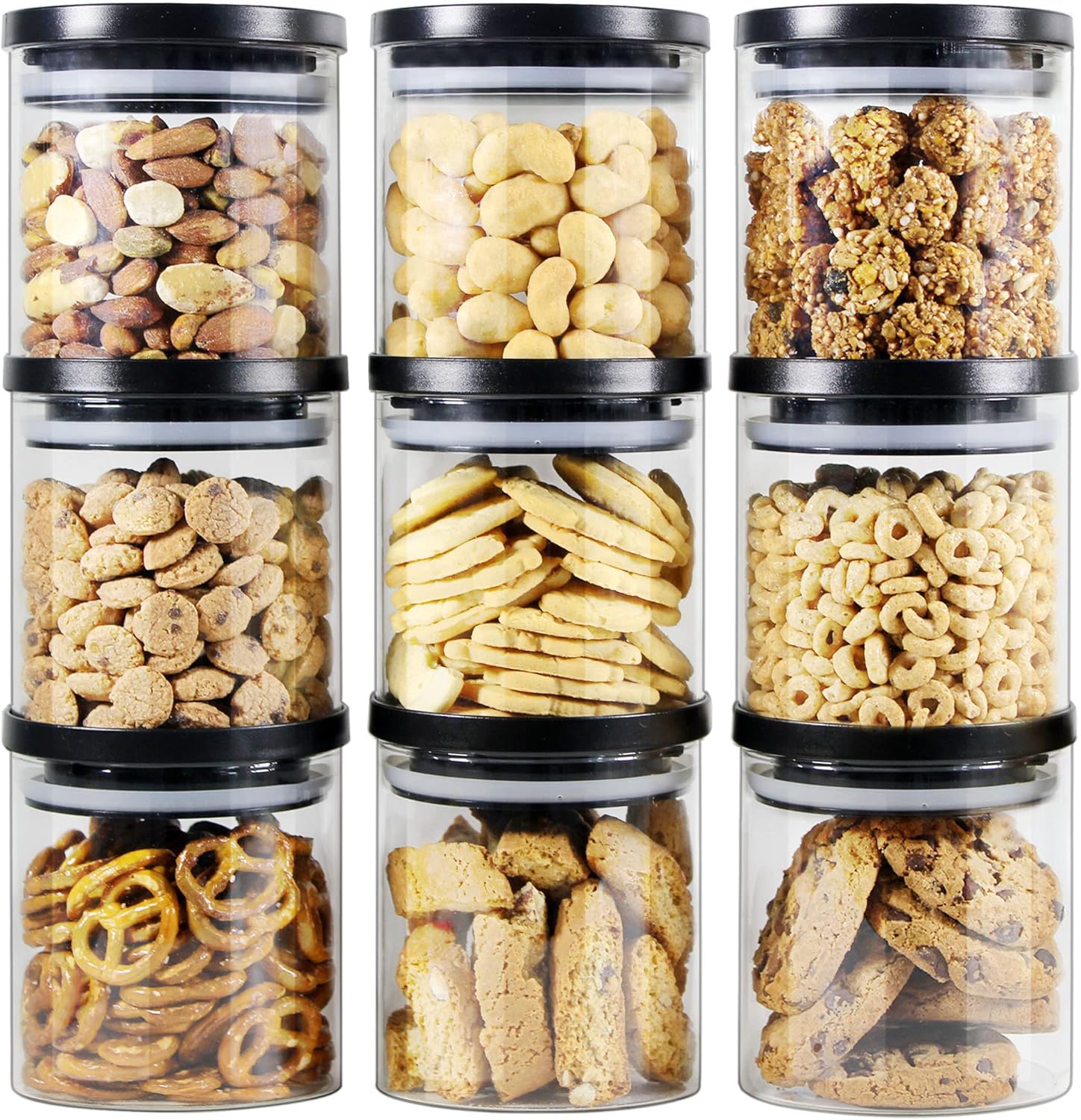 Tarros de vidrio con tapas negras, recipientes de almacenamiento de alimentos con tapas apilables, juegos de tarros de alimentos y recipientes,