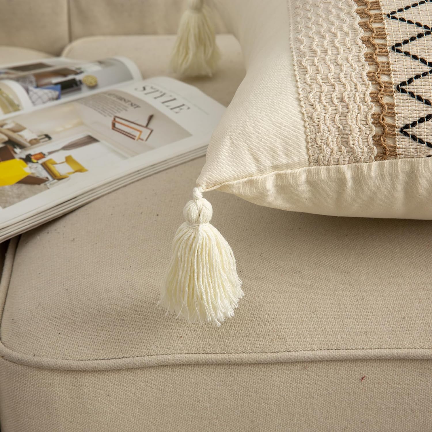 Fundas de almohada de 16 x 16 pulgadas con borlas para sala de estar, algodón y arpillera con textura a rayas, fundas de almohada bohemias (cuadros