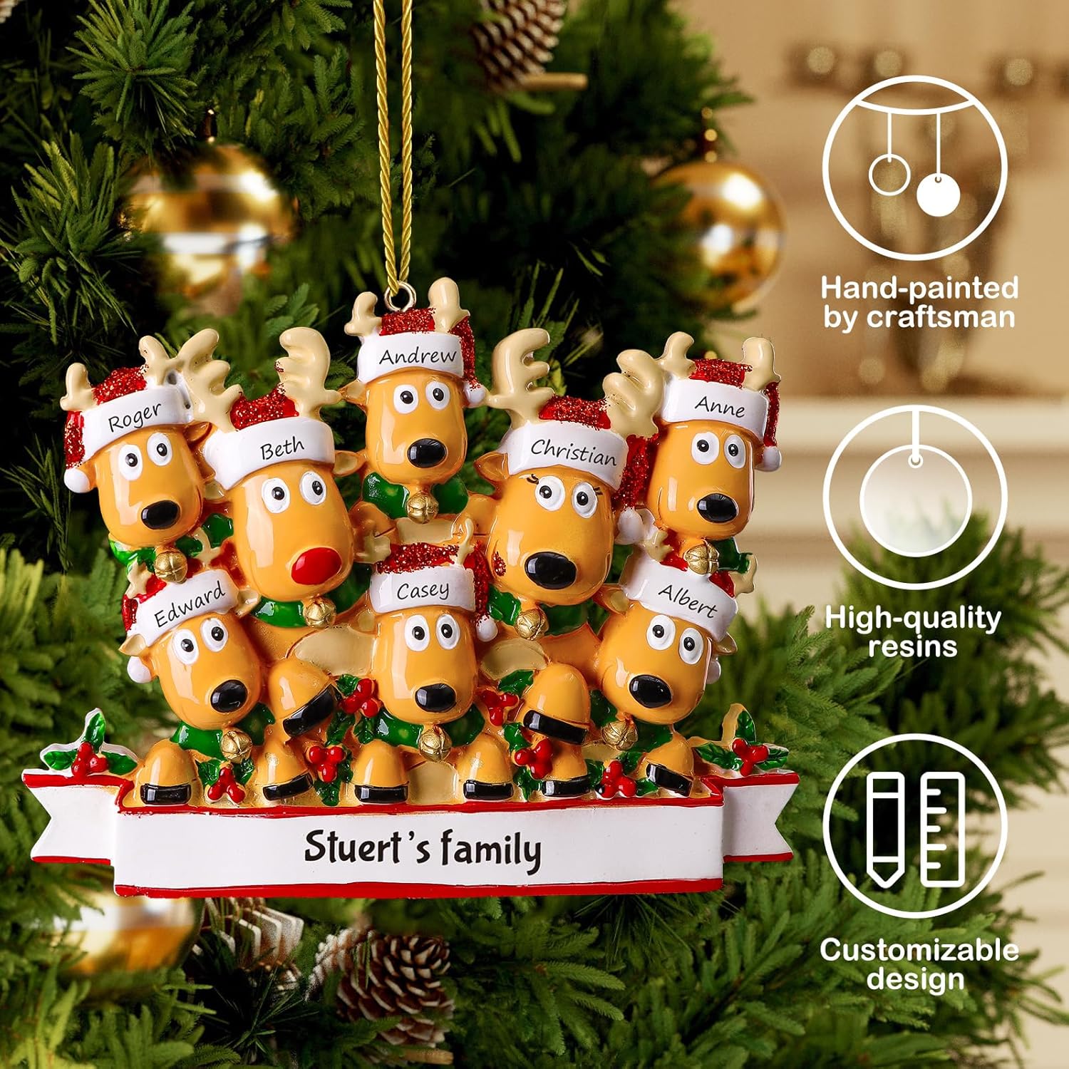 Adornos de Navidad personalizados de ciervo, familia de 2, 3, 4, 5, 6, 7, 8  Adorno de Navidad personalizable con nombre de reno, texto para árbol