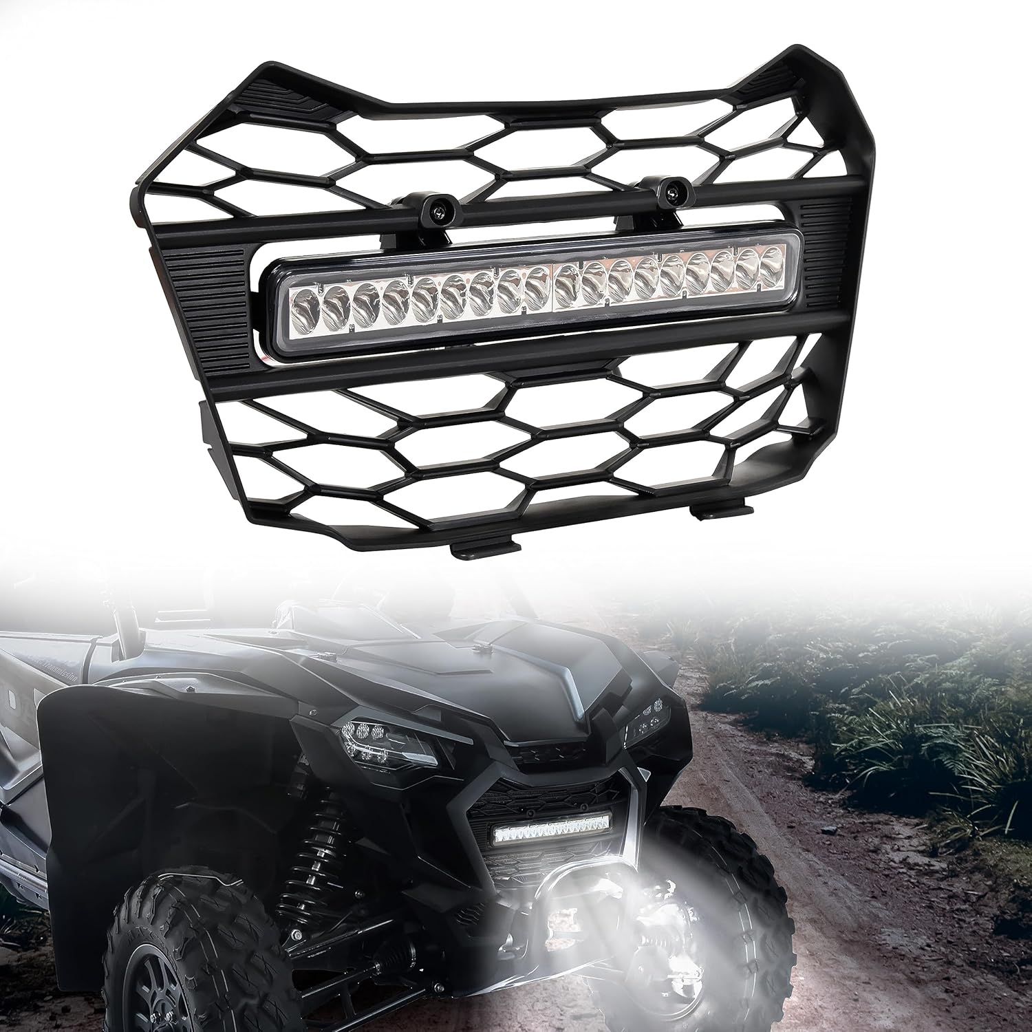 Parrilla delantera con luces LED para Talon 1000 19-24, protector de malla frontal UTV con barra de luces LED blanca ajustable para Honda Talon