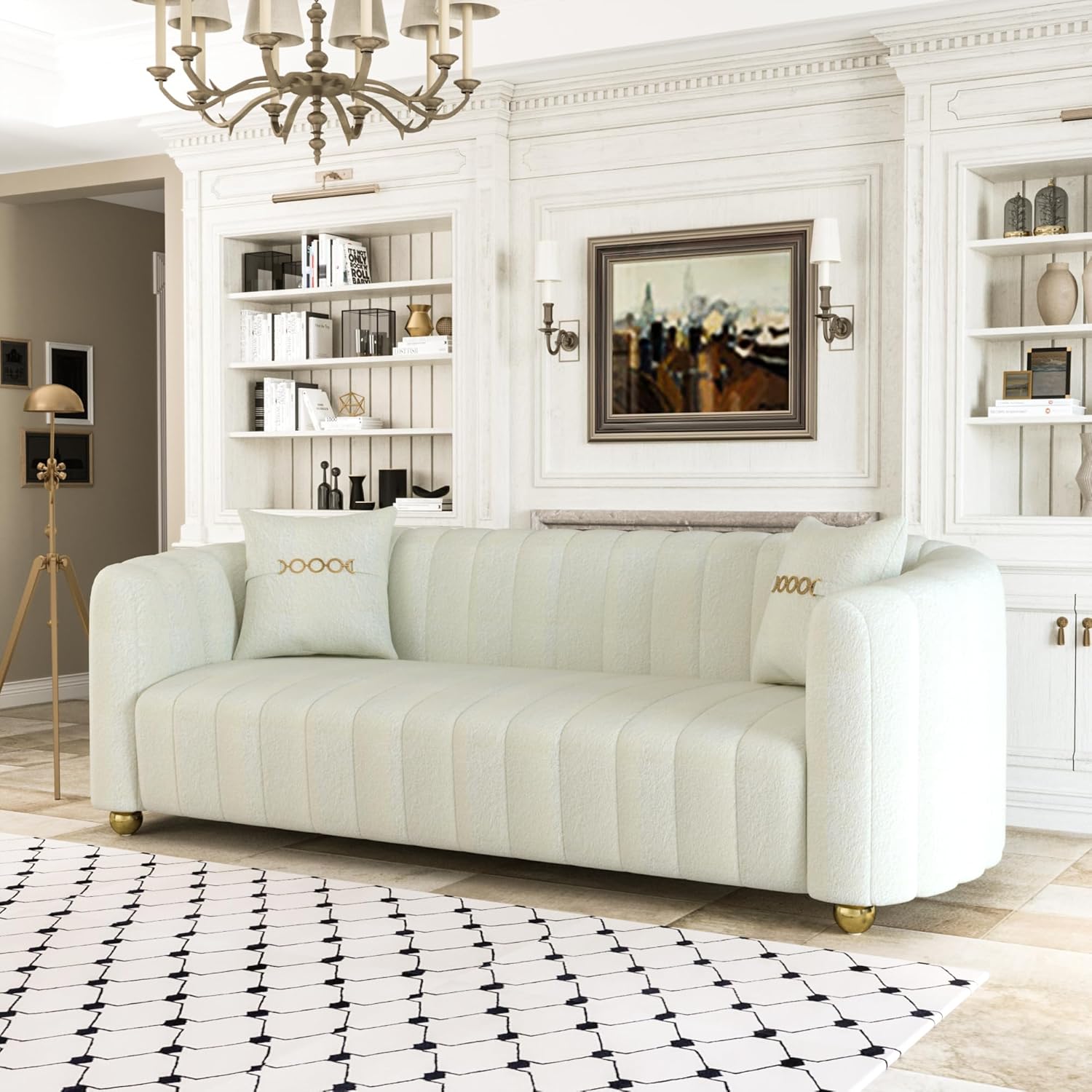 Chesterfield – Sofá tapizado de lana de cordero de 83 pulgadas, moderno de mediados de siglo, sofá tapizado para 3 personas con 2 almohadas, patas