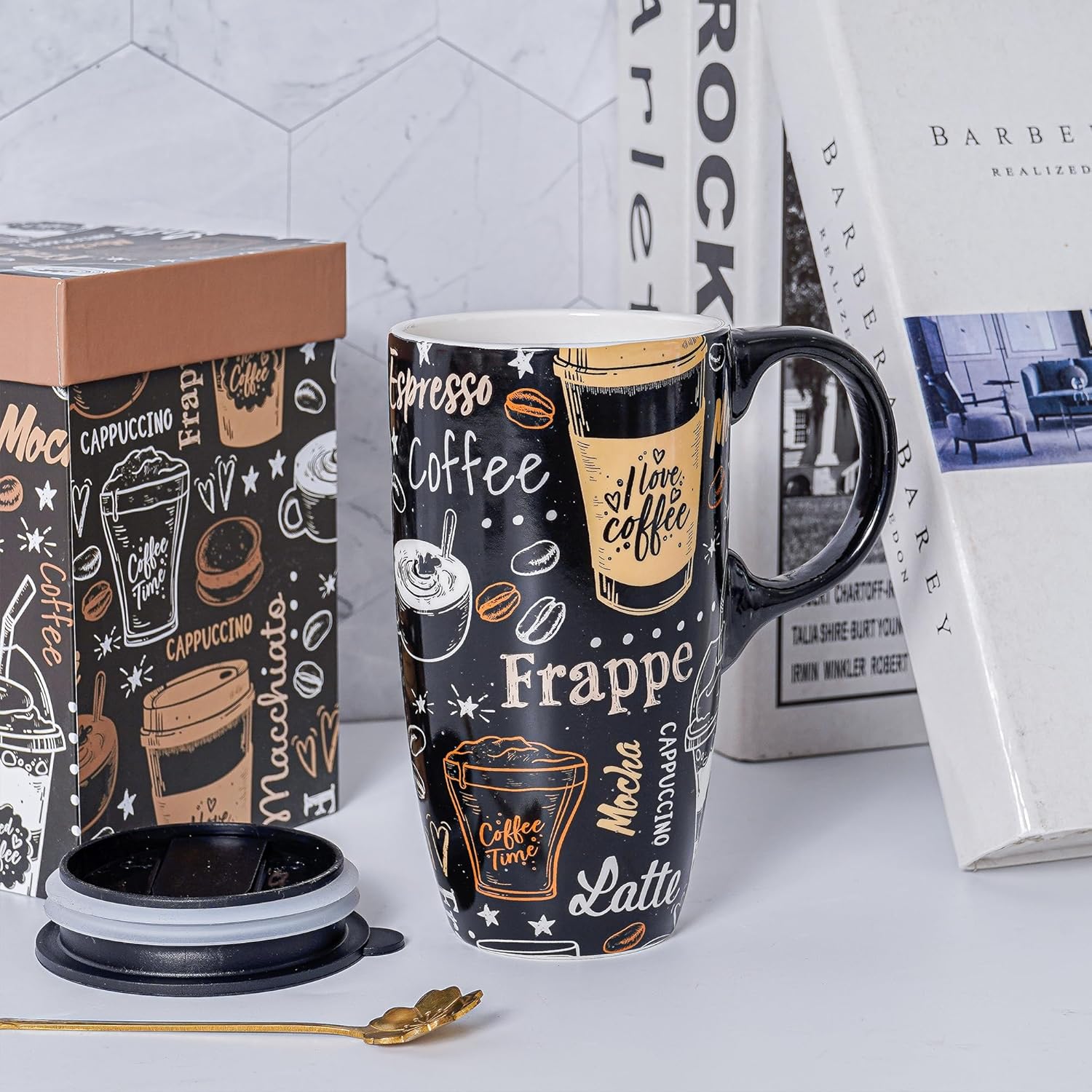 Topadorn Taza de cerámica de porcelana Latte Tea Cup Taza de café con caja de regalo, 17oz.Taza de viaje con tapa, estilo café