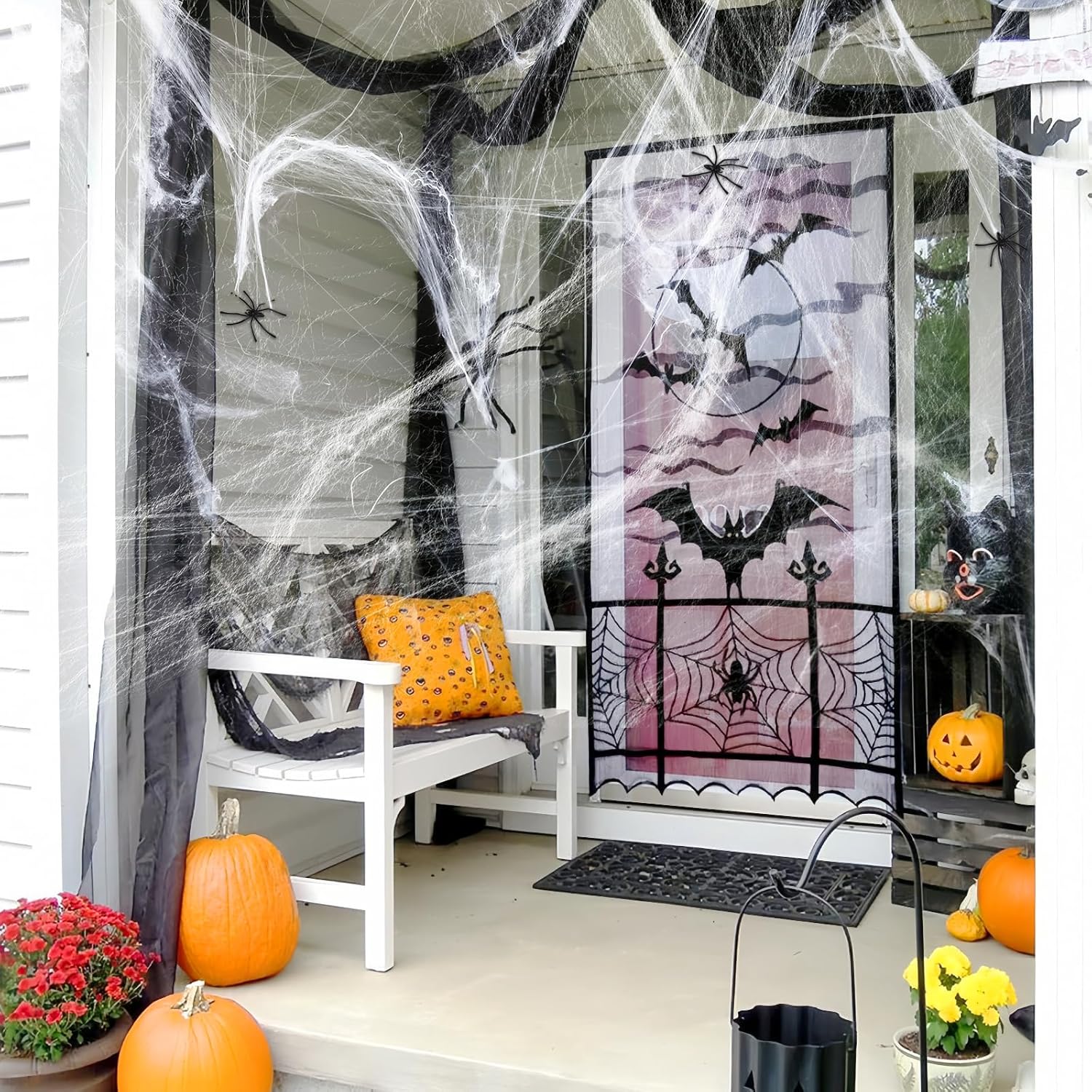Telarañas de 800 pies cuadrados para decoración de Halloween con 90 arañas falsas, telarañas falsas elásticas para arbustos, fiestas temáticas de