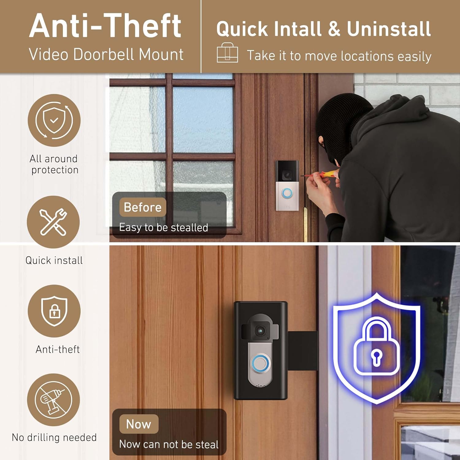 Soporte de timbre de video antirrobo, soporte de timbre AHBTEYM sin taladro, accesorios para alquileres de apartamentos y casas compatibles con