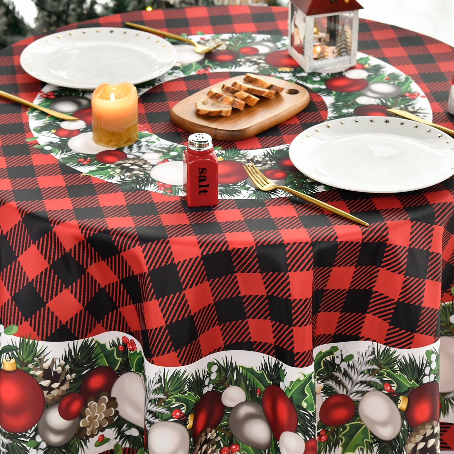 Horaldaily Mantel redondo de Navidad de 70 x 70 pulgadas, adornos de bolas de Navidad, búfalo rojo, a cuadros, lavable, para fiesta, picnic,