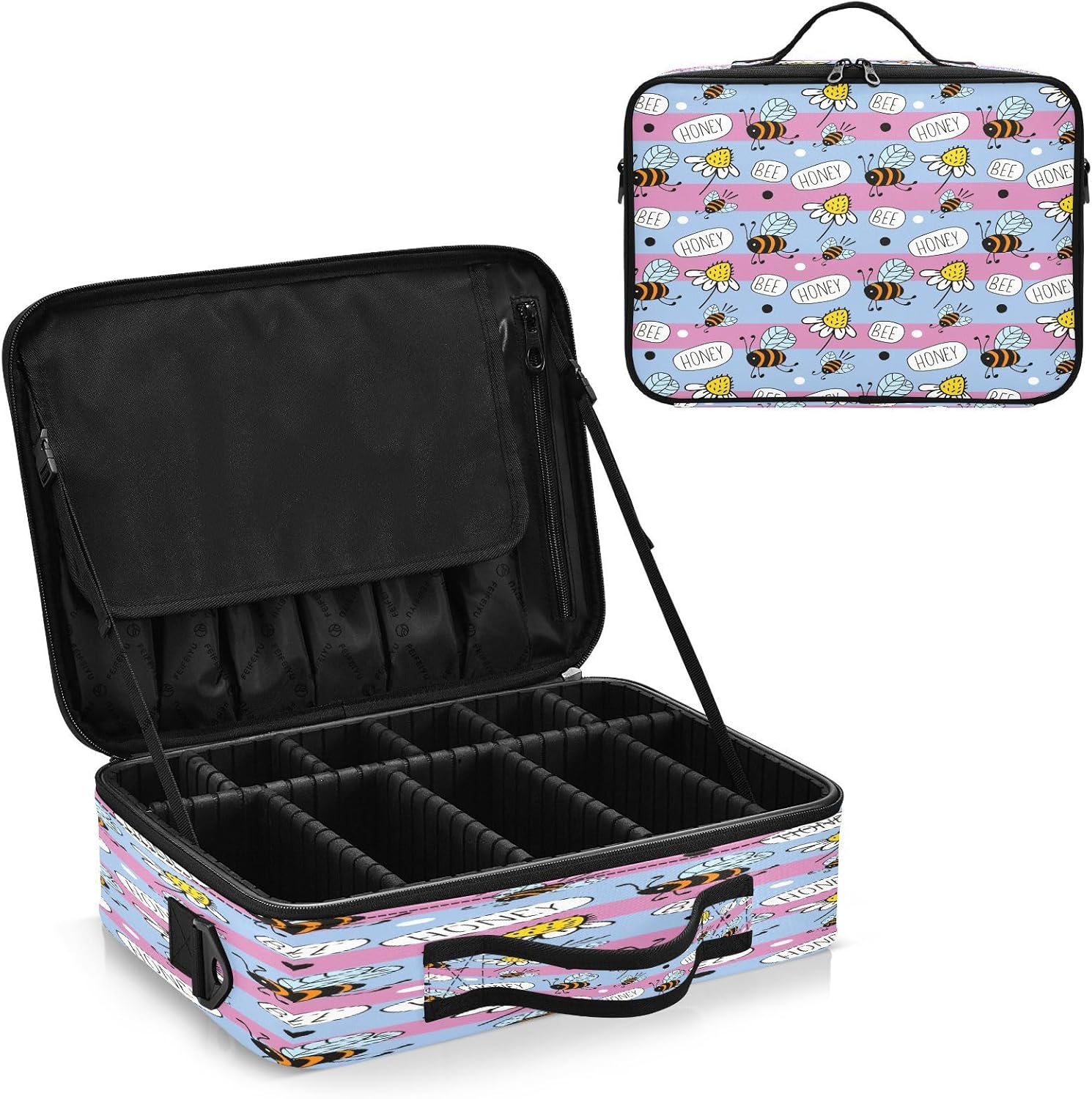 Abejas Happy Good Luck and Daisies Bolsa de maquillaje a rayas bolsa de cosméticos grande bolsa de aseo kit de viaje bolsas de maquillaje lindo