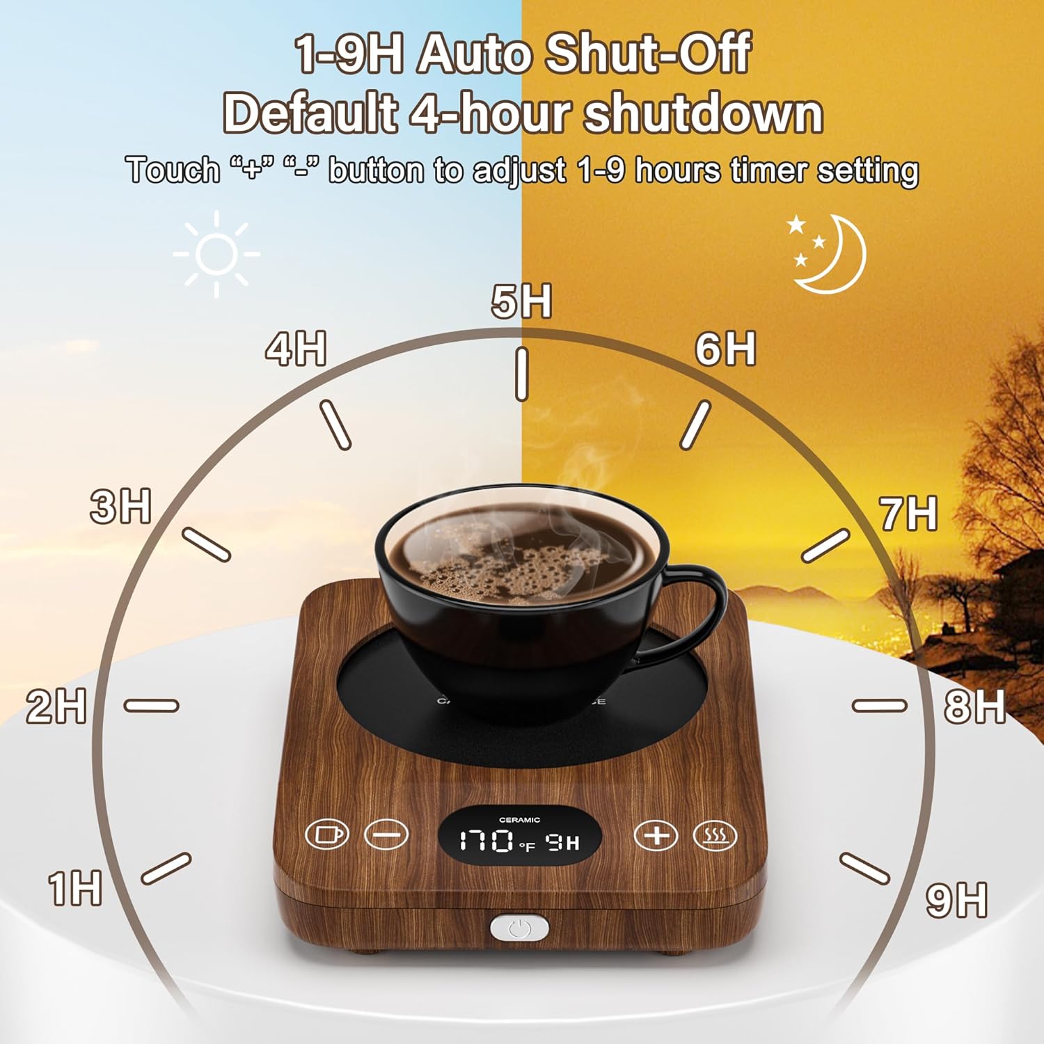 Calentador de taza de café, calentador de café para escritorio con 9 ajustes de temperatura, temporizador de 9 horas, plato calentador de café