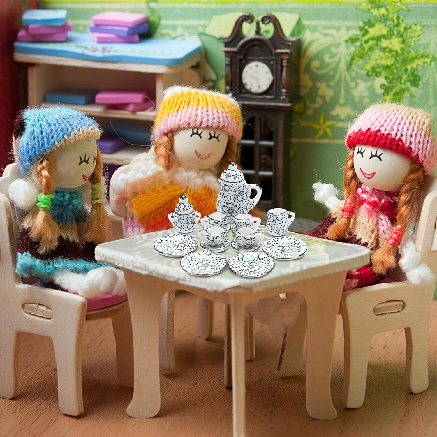 Shappy 90 piezas 1 12 escala casa de muñecas miniatura porcelana taza de té de Navidad incluye mini patrón flor patrón tetera taza platos para casa