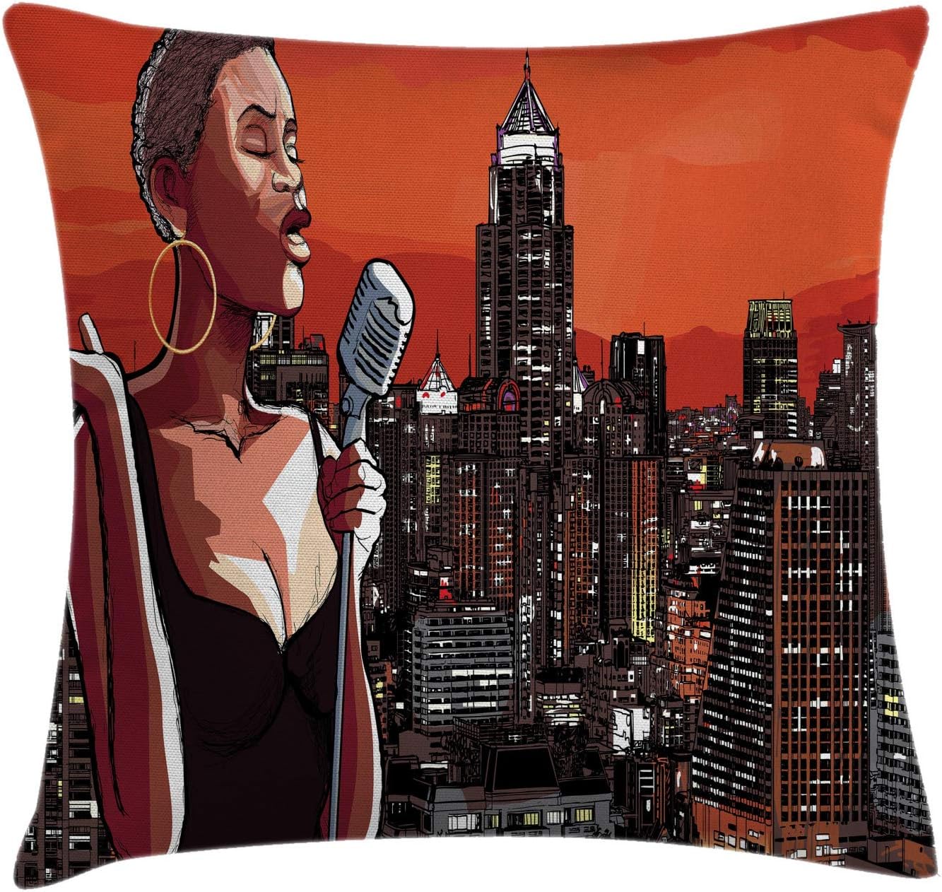 Ambesonne Funda de cojín africana, cantante de jazz en el techo de Nueva York, paisaje urbano, música urbana, ilustración de ciudad popular, funda