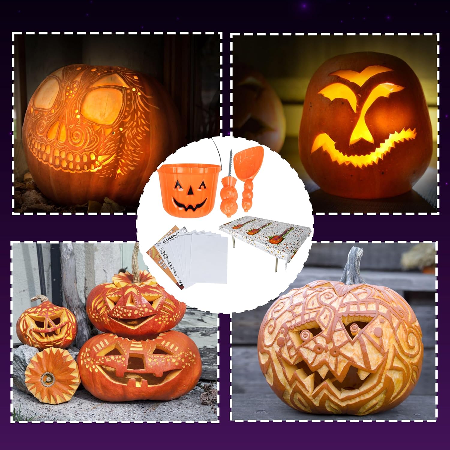 Kit de fiesta de tallado de calabaza de Halloween, 8 cuchillos, cucharas, hojas de plantillas de bricolaje, cubos intestinales y cubierta de mesa,