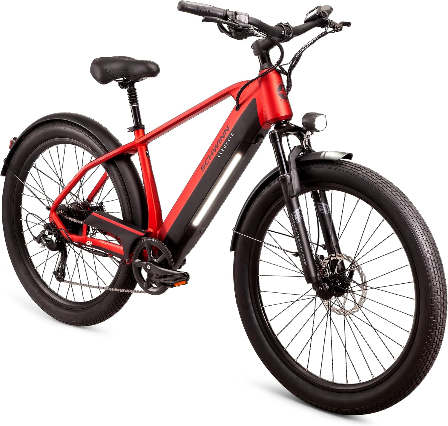 Schwinn Coston – Bicicleta híbrida eléctrica para adultos, marco de paso y paso sobre marcos, 7 velocidades, ruedas de 27.5 pulgadas, marco de