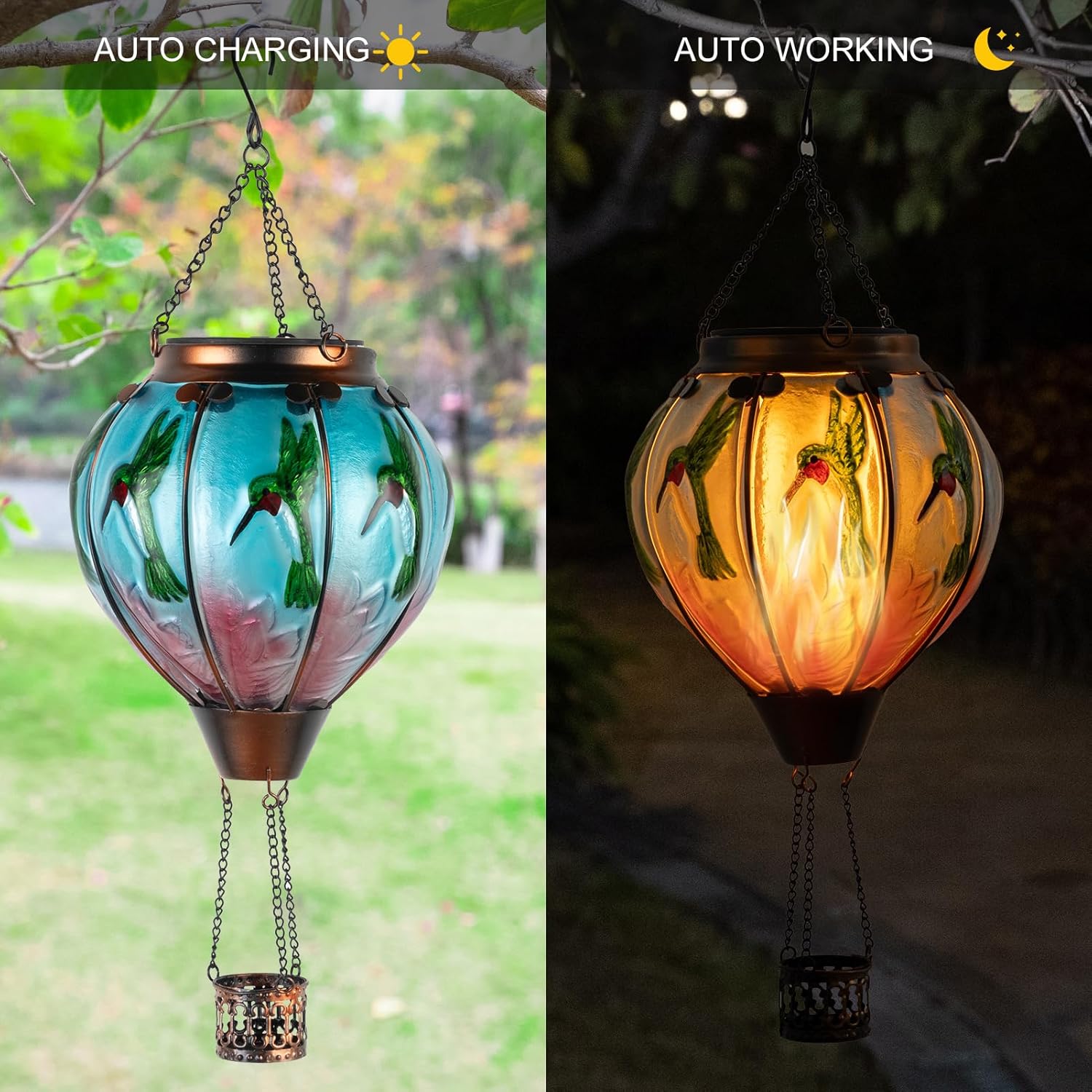 Linterna solar de globo de aire caliente, luces de colibrí, llama parpadeante, luces colgantes solares para exteriores, faroles solares impermeables