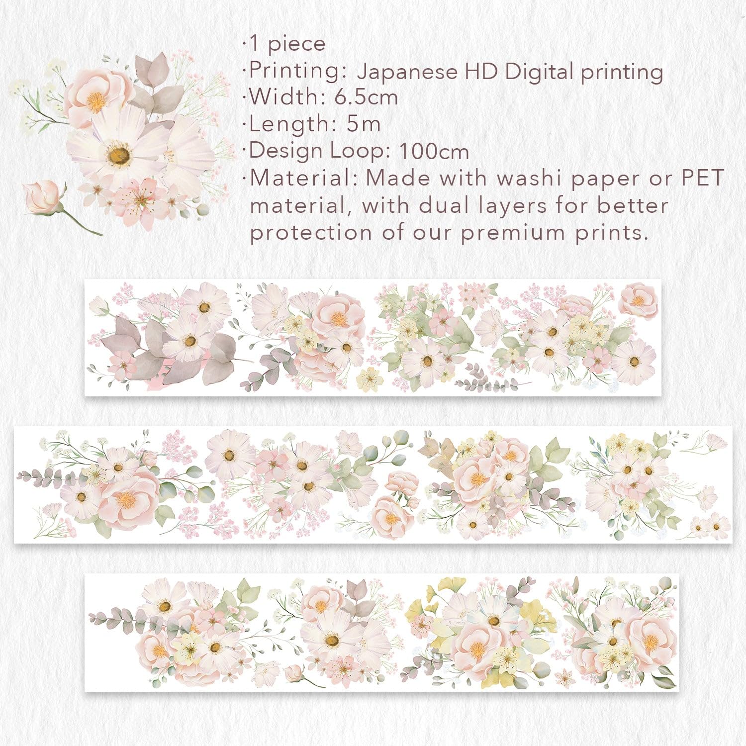 WT Cinta de PET ancha rubor, rollo individual, diseños originales, cinta decorativa de flores rosas acuarelas, cinta adhesiva transparente
