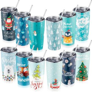 Juego de 12 vasos de Navidad de 20 onzas de acero inoxidable, tazas de viaje divertidas de Navidad con tapa y cepillos para popote para Navidad, Juego de 12 vasos de Navidad de 20 onzas de acero inoxidable, tazas de viaje divertidas de Navidad con tapa y cepillos para popote para Navidad,