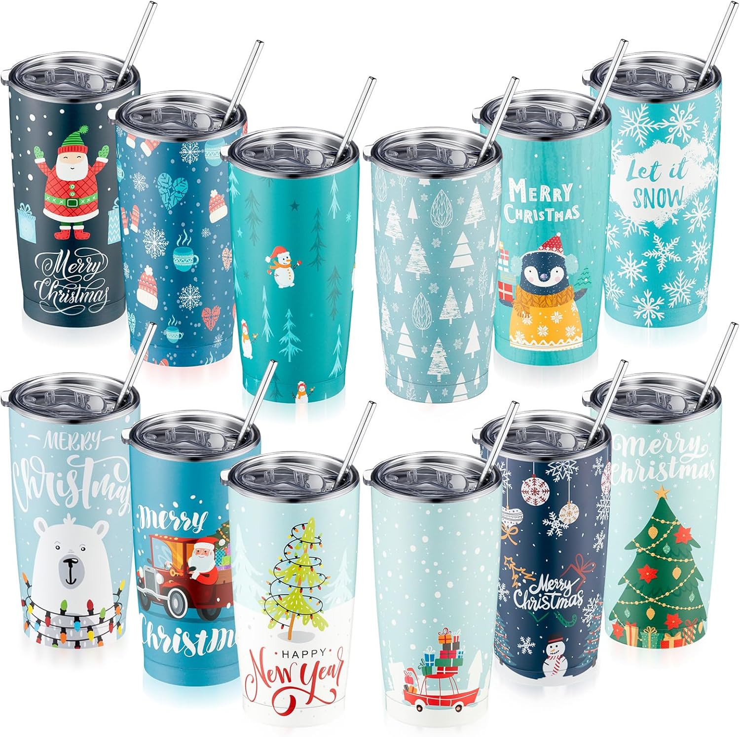 Juego de 12 vasos de Navidad de 20 onzas de acero inoxidable, tazas de viaje divertidas de Navidad con tapa y cepillos para popote para Navidad,