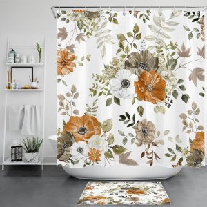 LB Grey and Orange Flower Shower Curtain Sets with Rugs Autumn Country Plant Watercolor Floral on White Fabric Shower Curtain with Hooks Fall LB Grey and Orange Flower Shower Curtain Sets with Rugs Autumn Country Plant Watercolor Floral on White Fabric Shower Curtain with Hooks Fall